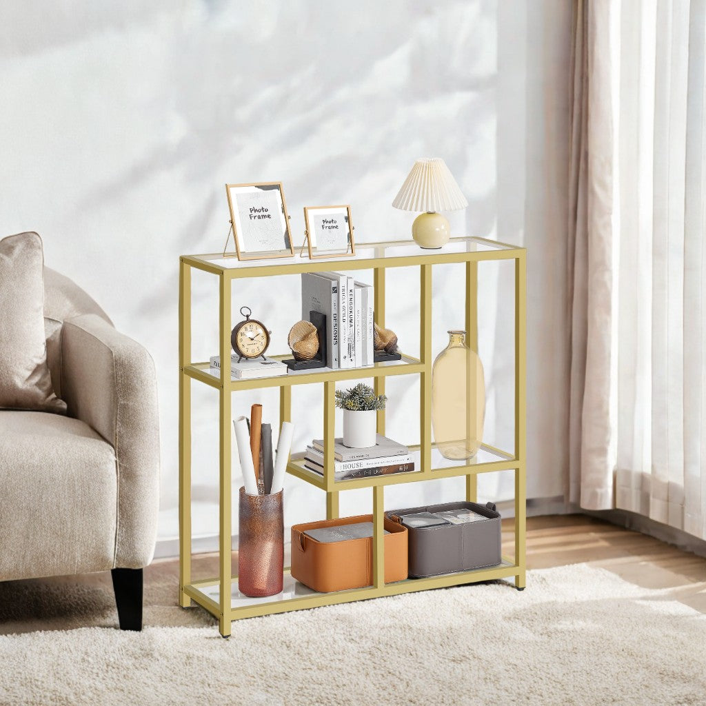 4-Tier Tempered Glass Bookcase, Freestanding Display Shelf with Anti-Tip Kit, 40.6 Inch Storage Unit for Living Room & Office, Transparent & Pale Gold