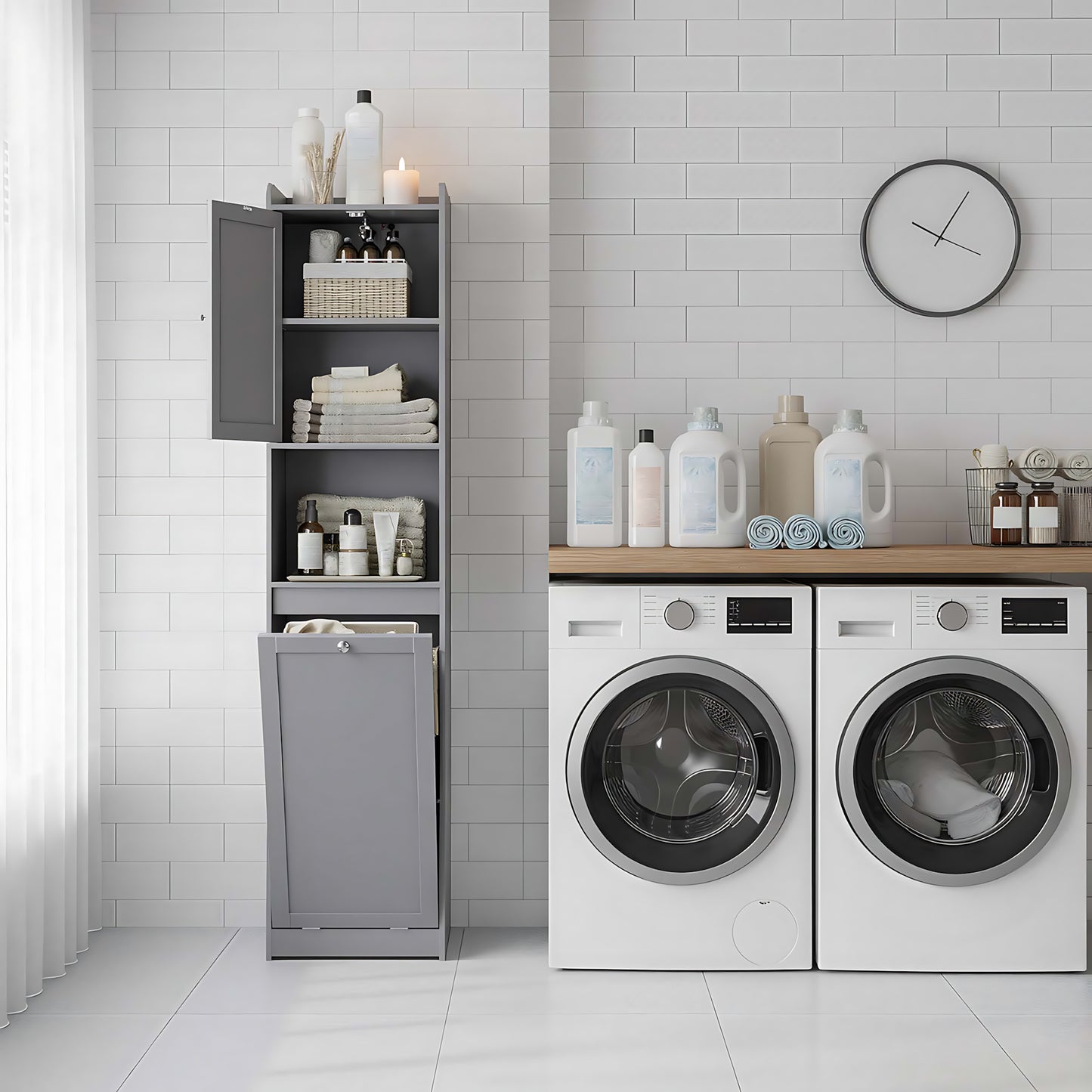 Tall Storage Cabinet with Removable Laundry Basket, Organizer Unit with Adjustable Shelf & Anti-Tip Kit, for Bathroom Living Room, Dove Gray