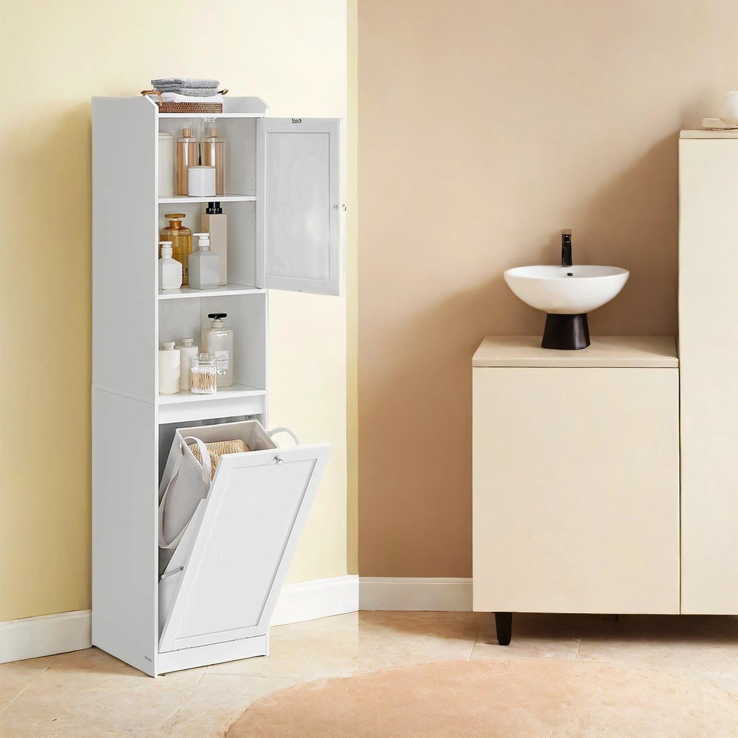 Tall Storage Cabinet with Removable Laundry Basket, Organizer Unit with Adjustable Shelf & Anti-Tip Kit, for Bathroom Living Room, Cloud White