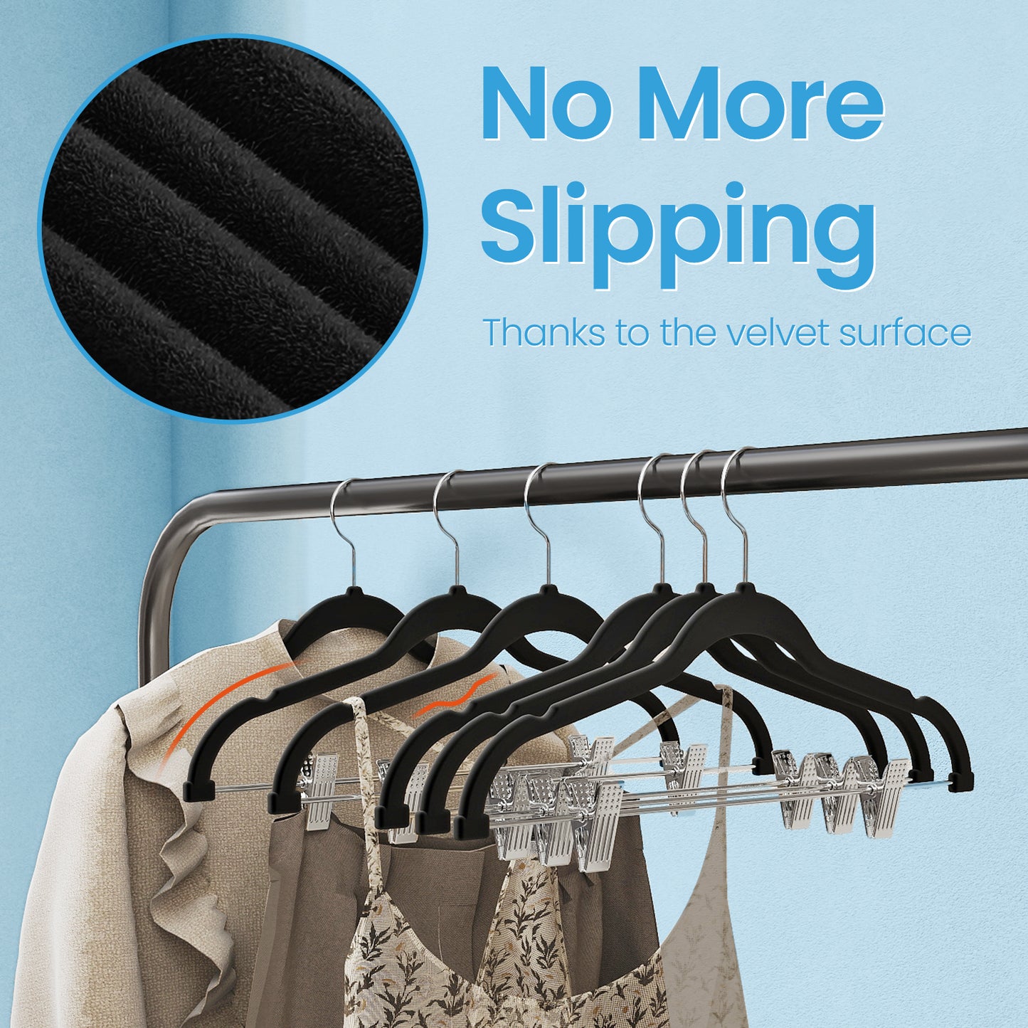 20-Pack Velvet Pants and Skirt Hangers with Adjustable Clips, Slim Non-Slip Heavy-Duty Coat Hangers, Space-Saving Closet Organizer, Black