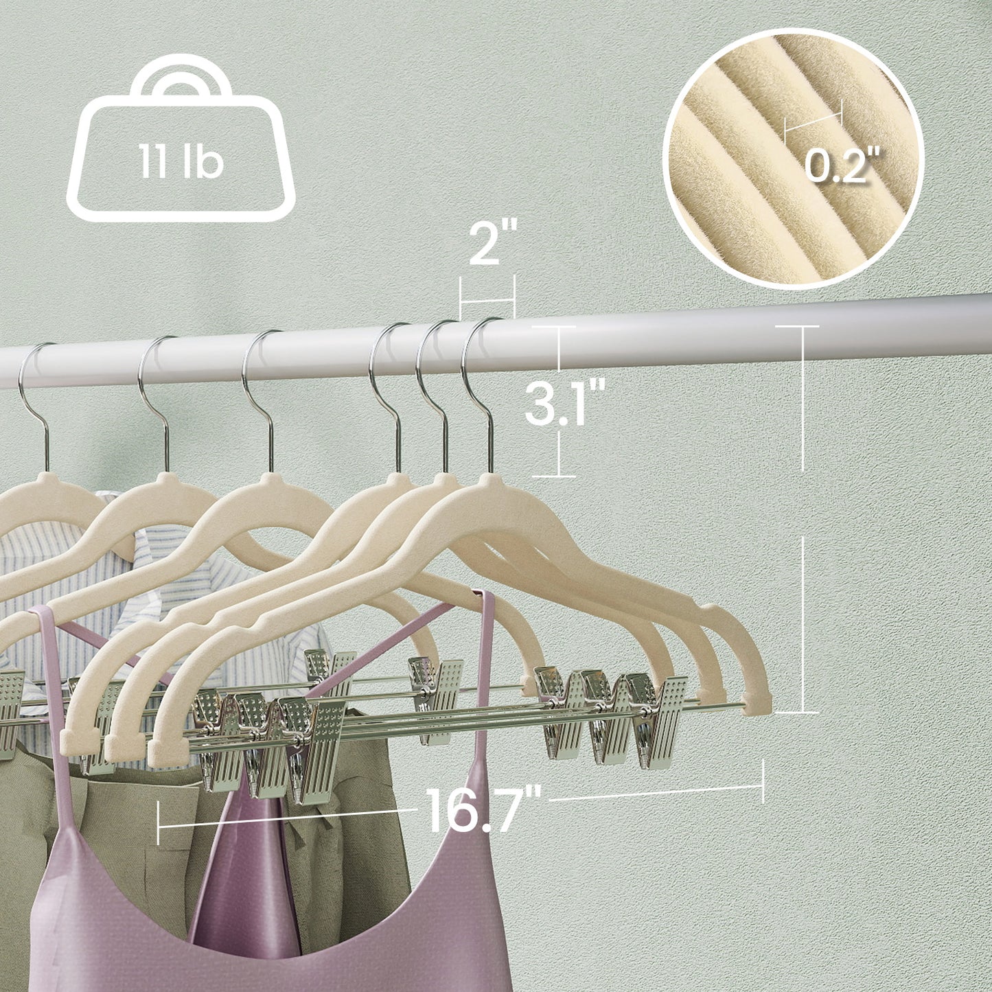 20-Pack Velvet Pants and Skirt Hangers with Adjustable Clips, Slim Non-Slip Heavy-Duty Coat Hangers, Space-Saving Closet Organizer, Sandy Beige