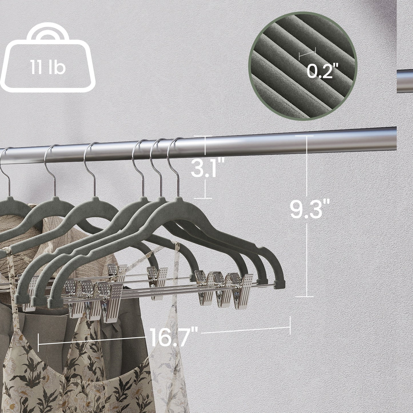 20-Pack Velvet Pants and Skirt Hangers with Adjustable Clips, Slim Non-Slip Heavy-Duty Coat Hangers, Space-Saving Closet Organizer, Gray