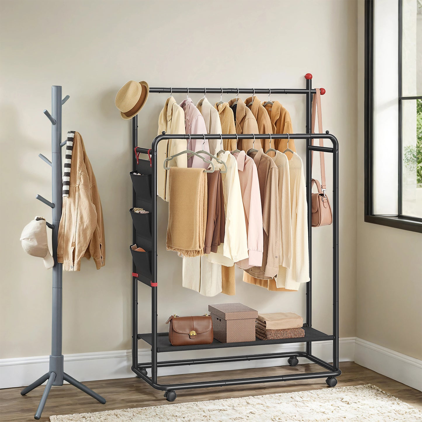 Double-Rod Rolling Clothes Rack, Mobile Garment Rack with Storage Shelf & 3-Pocket Bag, 360° Wheels with Brakes, Ink Black