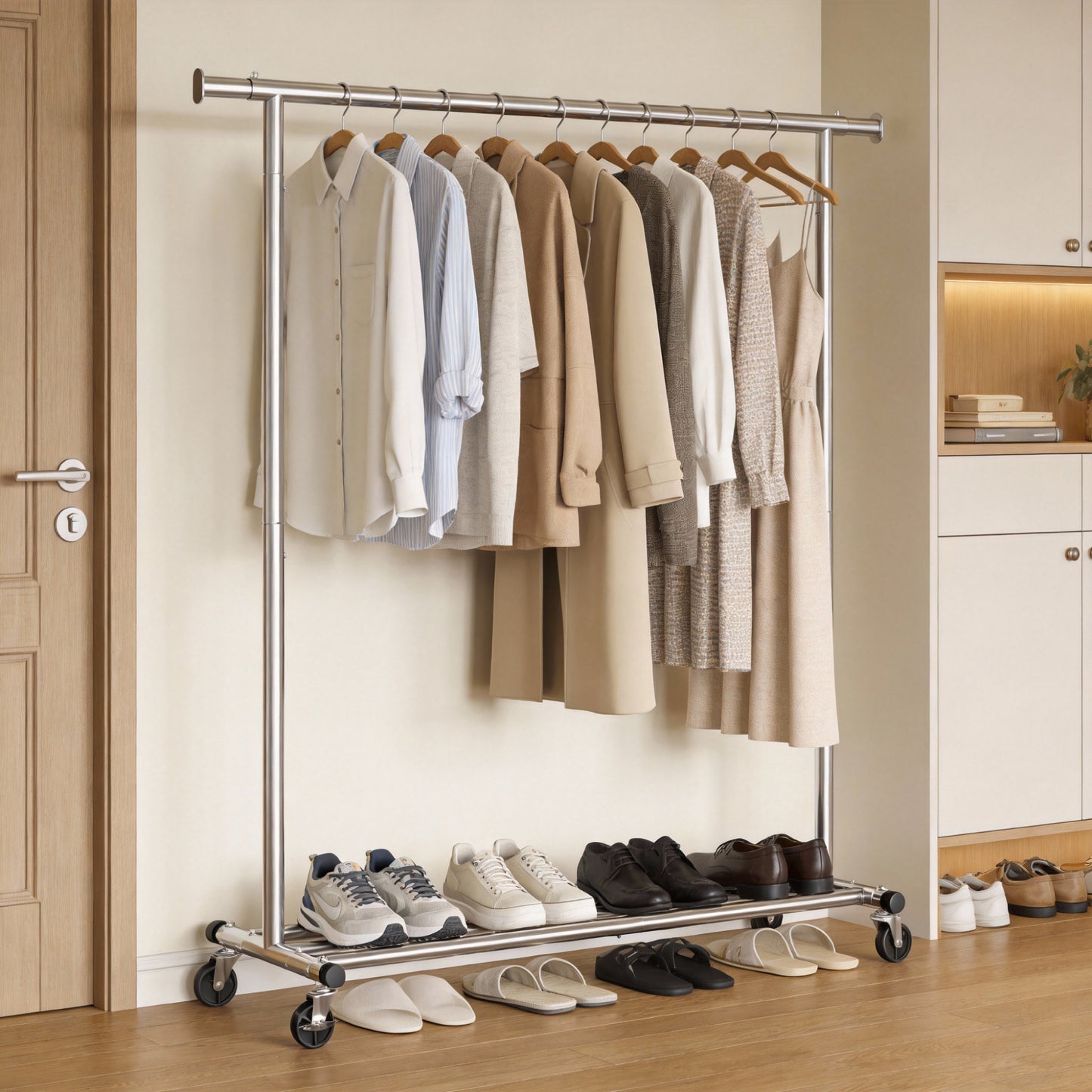 Heavy-Duty Rolling Clothes Rack, Extendable Garment Rack on Wheels with 330 lb Capacity, Steel Portable Wardrobe for Laundry, Silver