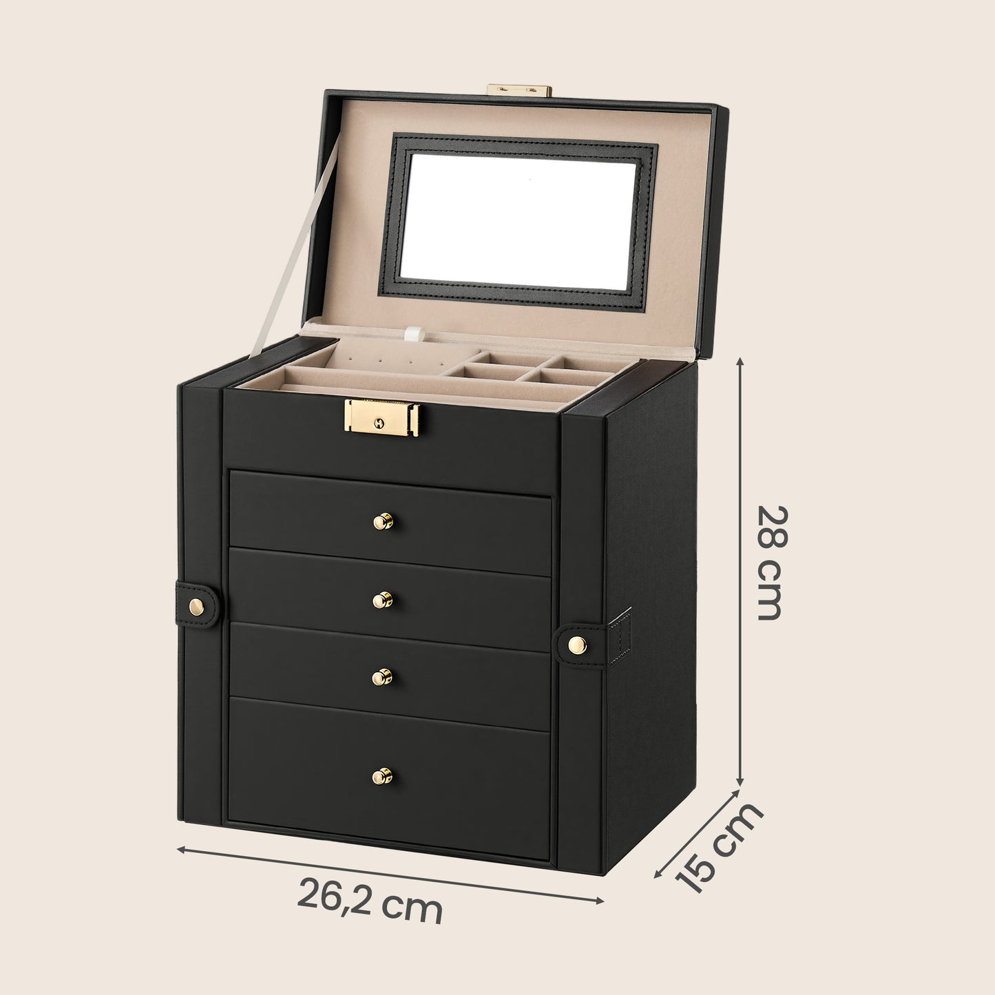 5-Layer Lockable Jewelry Box with Mirror and 4 Drawers, Large Storage Case for Necklaces Watches, Ink Black