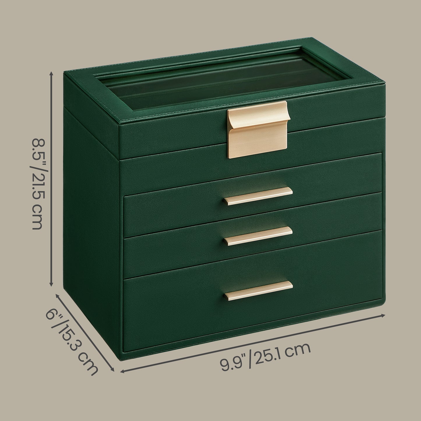 Jewelry Box Organizer, 4-Layer Stackable Storage with 3 Drawers & Glass Lid, Modern Vanity Display Case for Earrings Necklaces Rings, Forest Green and Gold