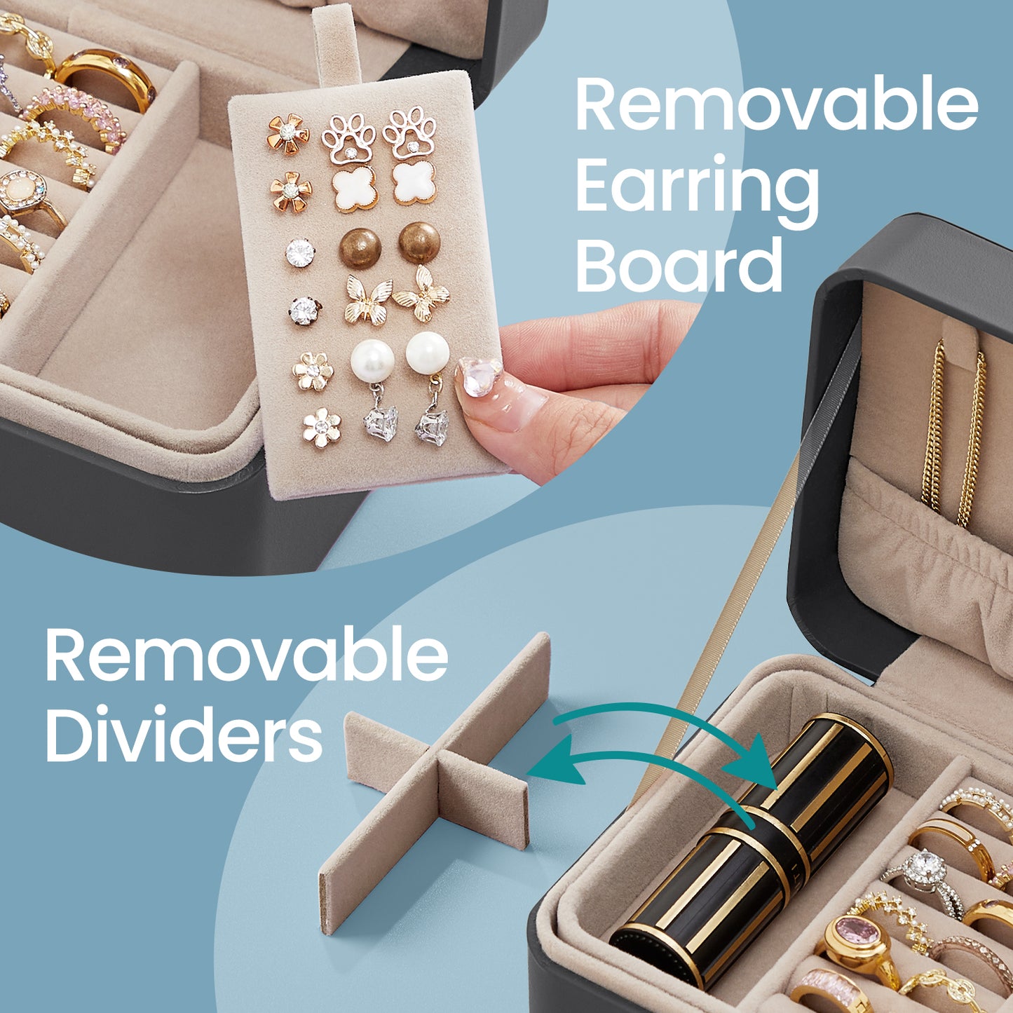 Travel Jewelry Box Organizer, 2-Layer Portable Jewelry Case with Removable Tray & 5 Necklace Hooks, Compact Storage for Earrings, Rings, Bracelets, Slate Gray