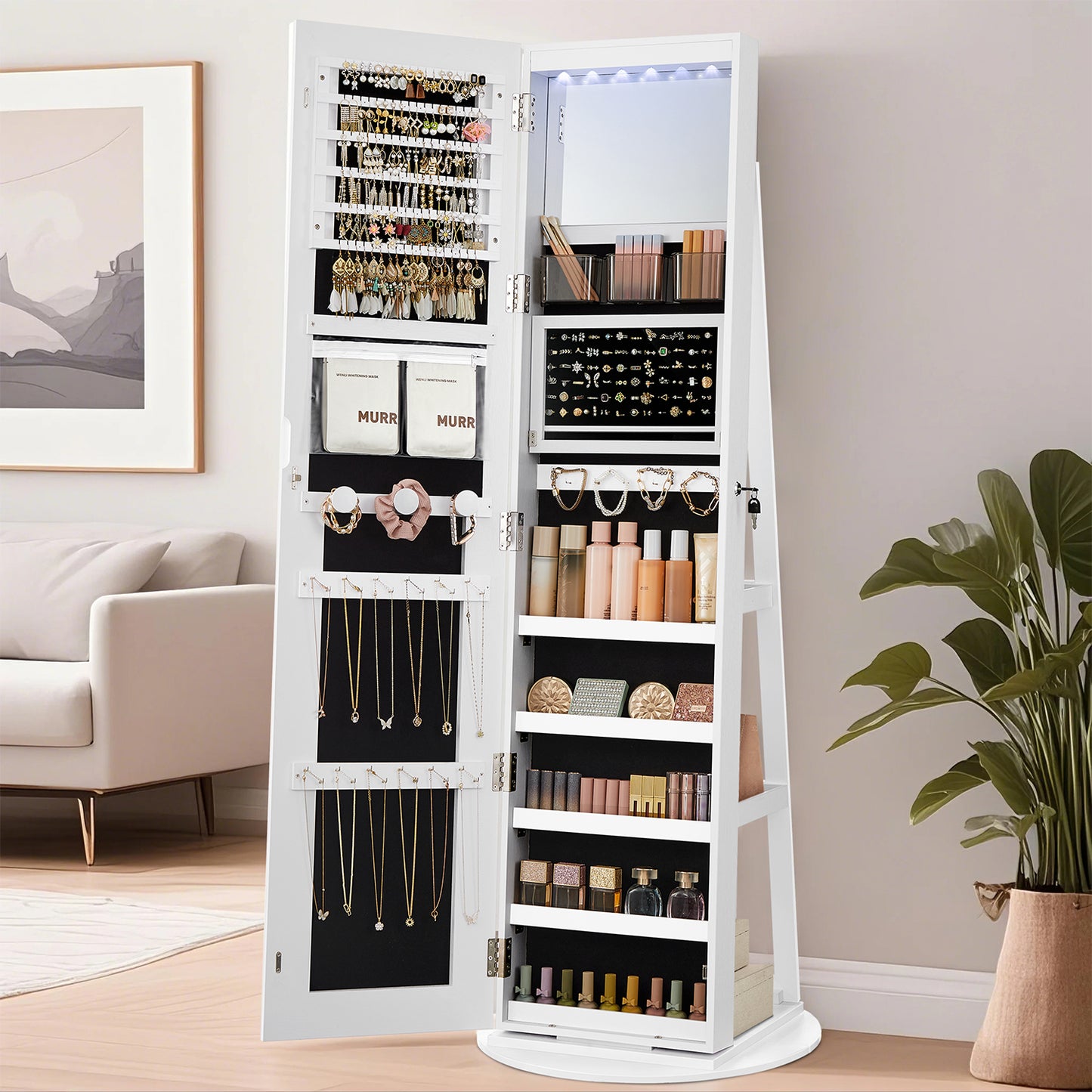 Freestanding LED Jewelry Cabinet with Full-Length Mirror, Lockable Armoire with 108 Earring Slots and Vanity Table, Cloud White