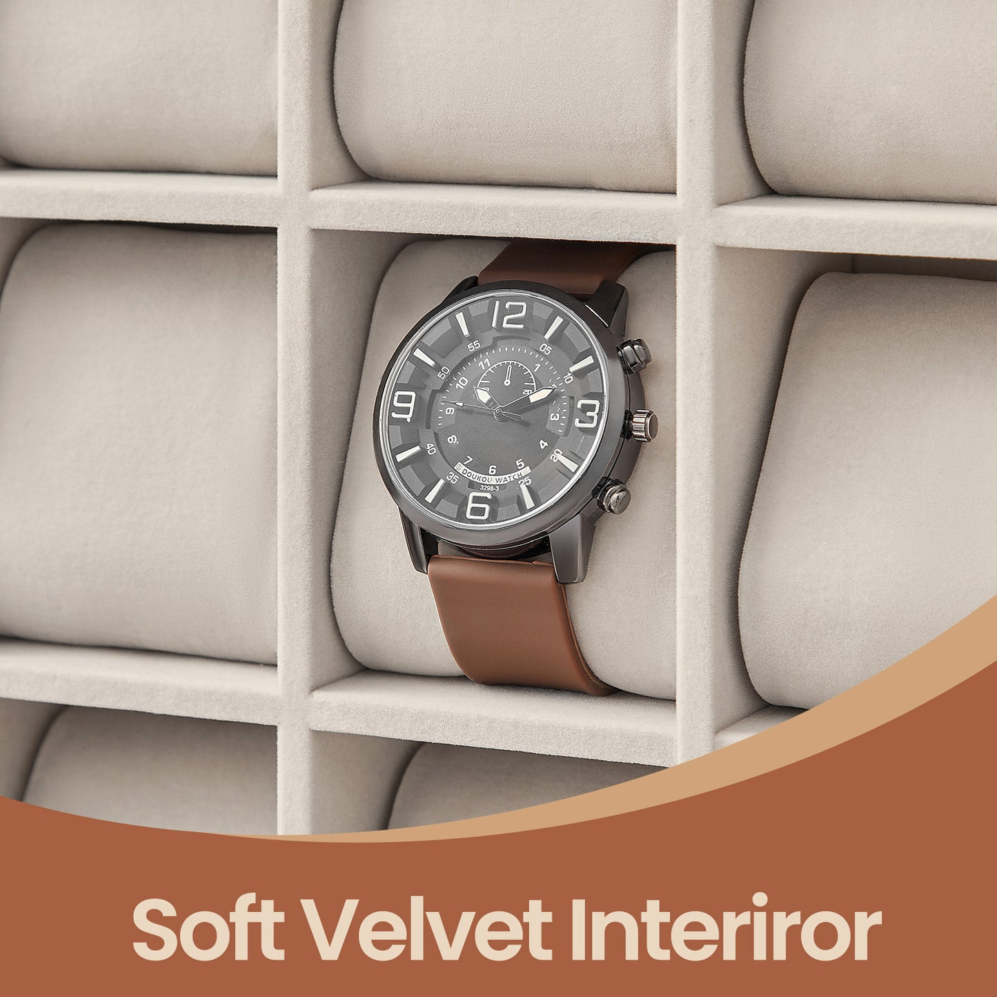 12-Slot Vertical Watch Display Case with Hidden Drawers, Wood Veneer & Velvet Lining, Space-Saving Organizer, Coffee Brown