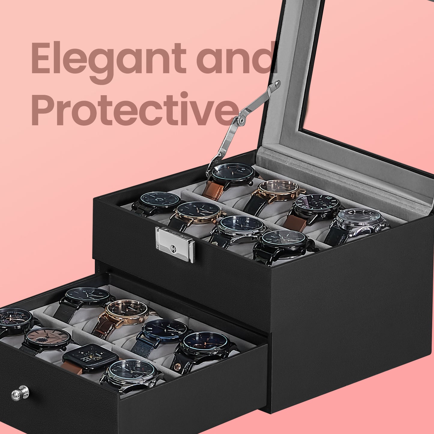 16-Slot Luxury Watch Box with Glass Top, 2-Tier Lockable Display Case, Black Synthetic Leather Watch Organizer, Greenish Gray Lining