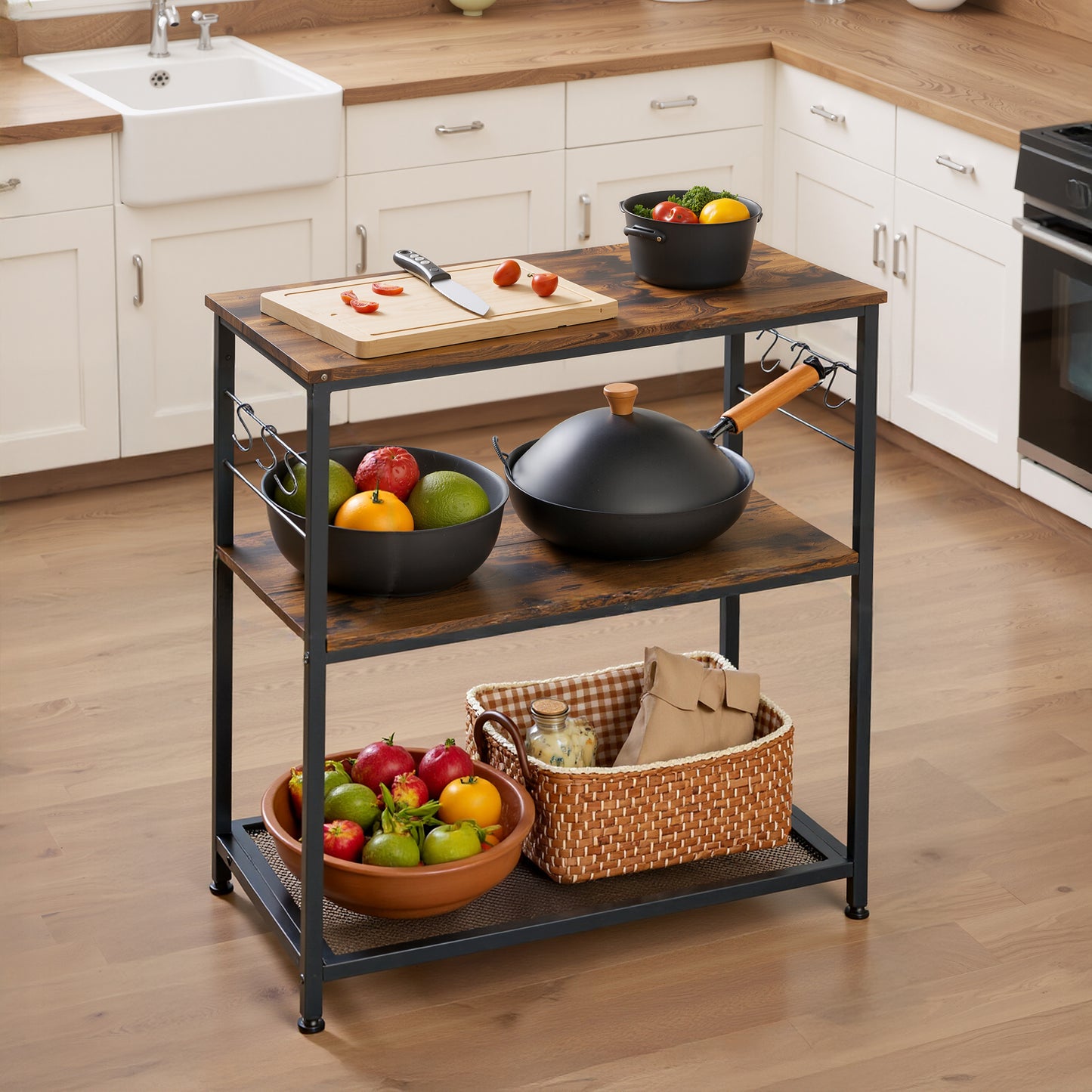 Bakers Rack Kitchen Shelf with 3 Open Shelves and 6 Hooks, Industrial Kitchen Island and Microwave Stand, Multi-Purpose Metal Frame, Rustic Brown and Black