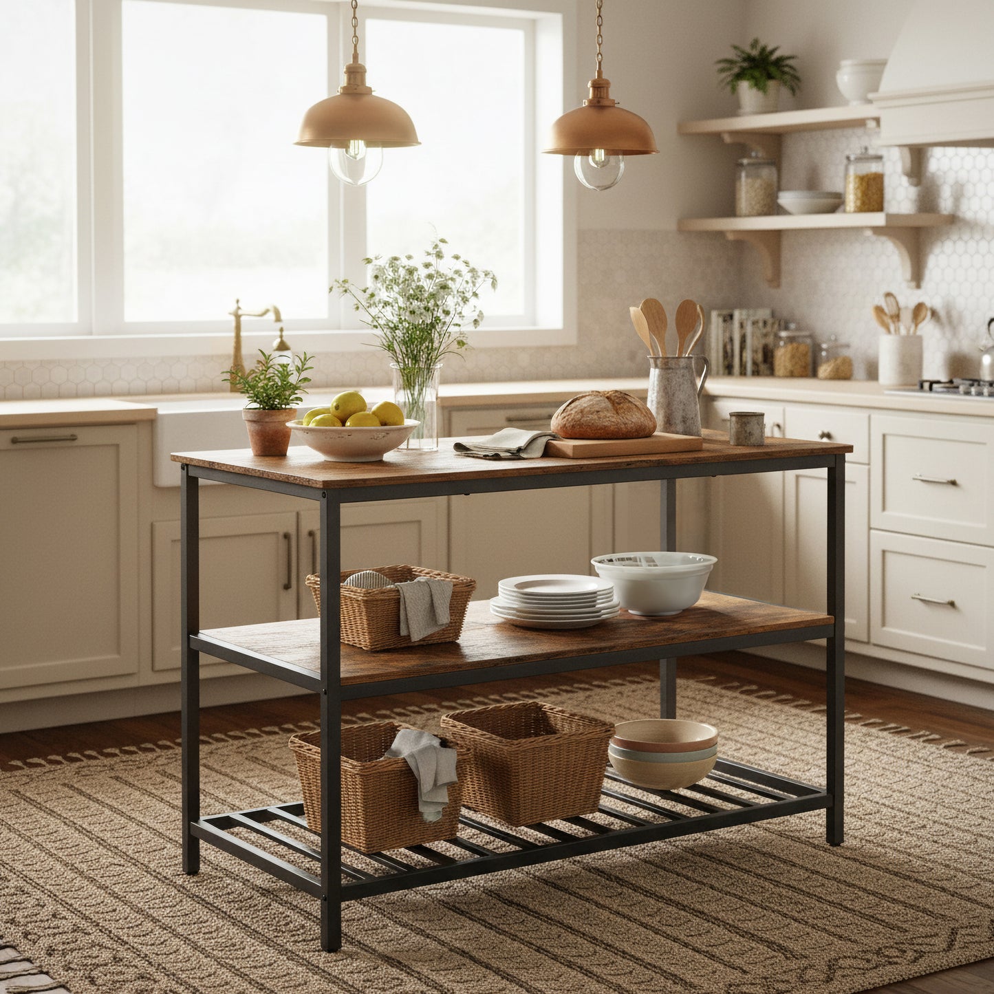 Kitchen Island with 3 Shelves, Large Worktop and Industrial Steel Frame, Multi-Purpose Kitchen Cart and Bar Table, Easy Assembly, Rustic Brown and Black