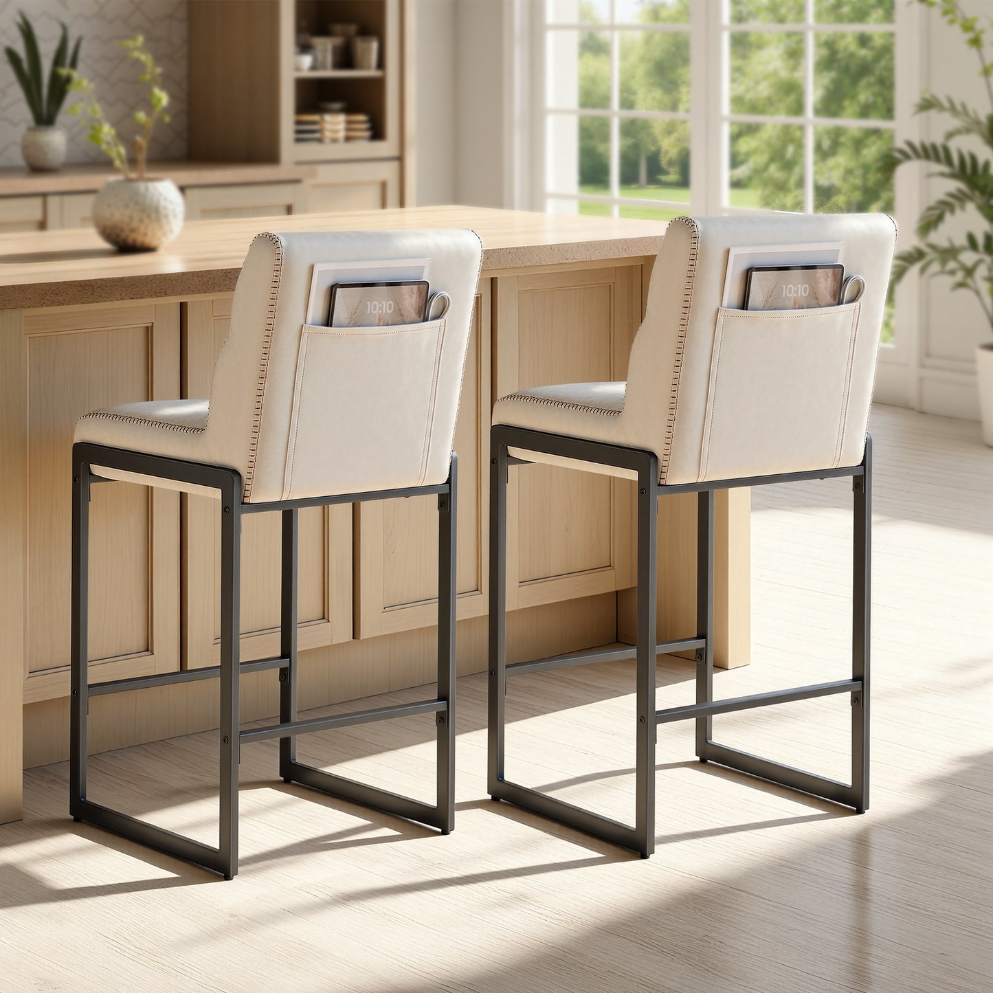Bar Stools Set of 2, Counter Height Dining Chairs with Backs & Ergonomic Seat, Mid-Century Modern with Synthetic Leather Stitching, Integrated Back Pocket, Cream White
