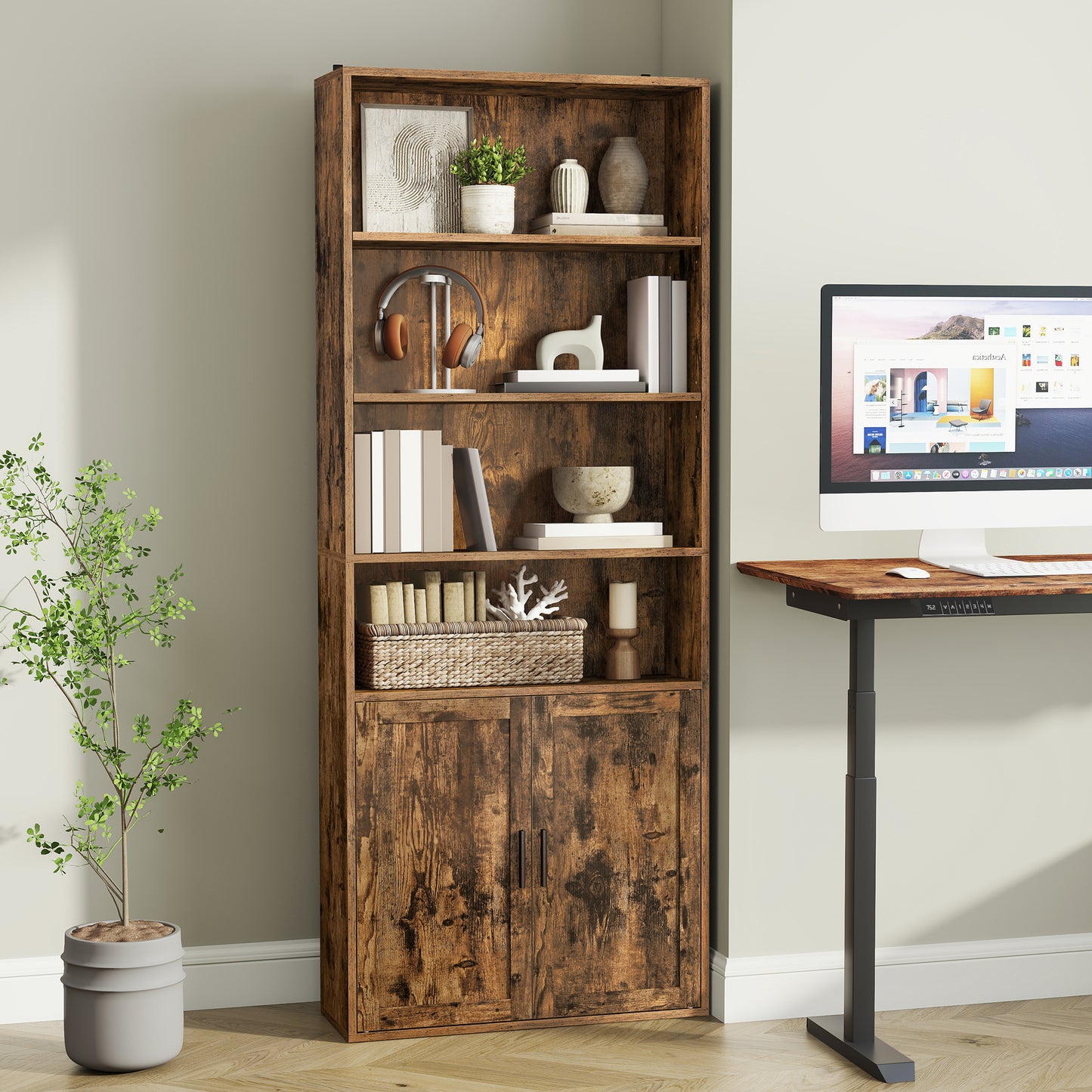 6-Tier Tall Bookshelf with Doors and Open Shelves, Adjustable Storage Bookcase for Living Room Home Office Dining Room, Rustic Brown