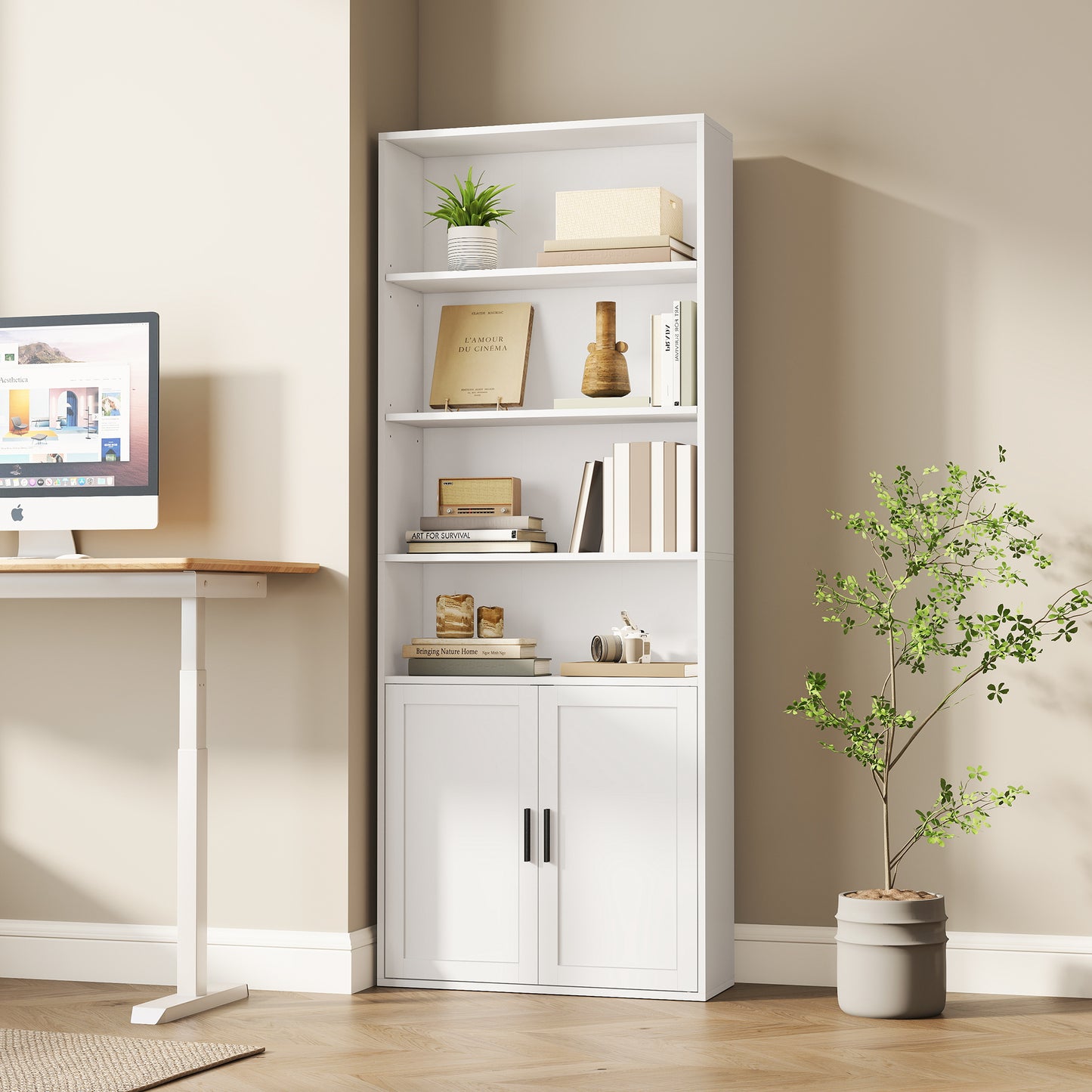 6-Tier Tall Bookshelf with Doors and Open Shelves, Adjustable Storage Bookcase for Living Room Home Office Dining Room, Cloud White