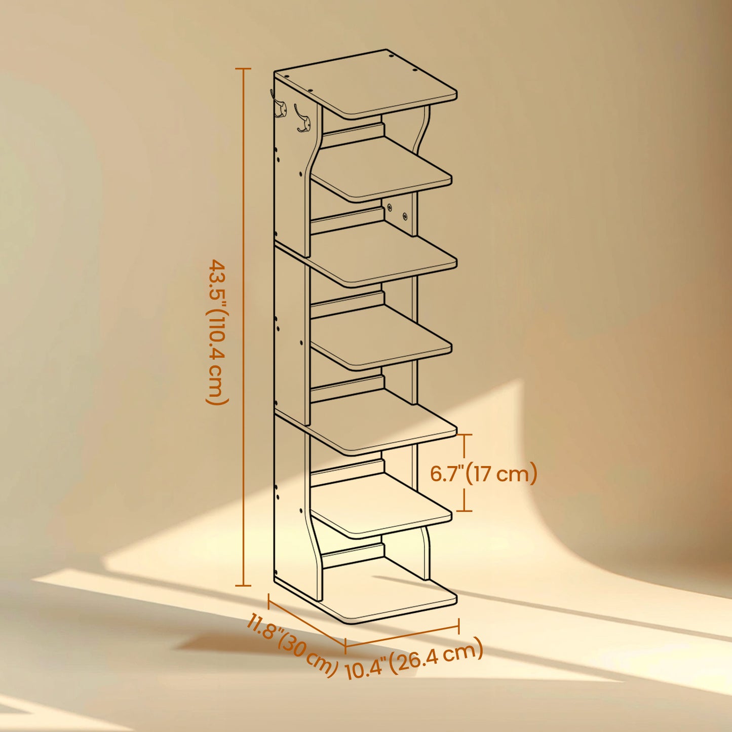 7-Tier Vertical Shoe Rack, Narrow Corner Shelf Organizer with Hooks, Space-Saving Tower for Entryway and Bedroom, White