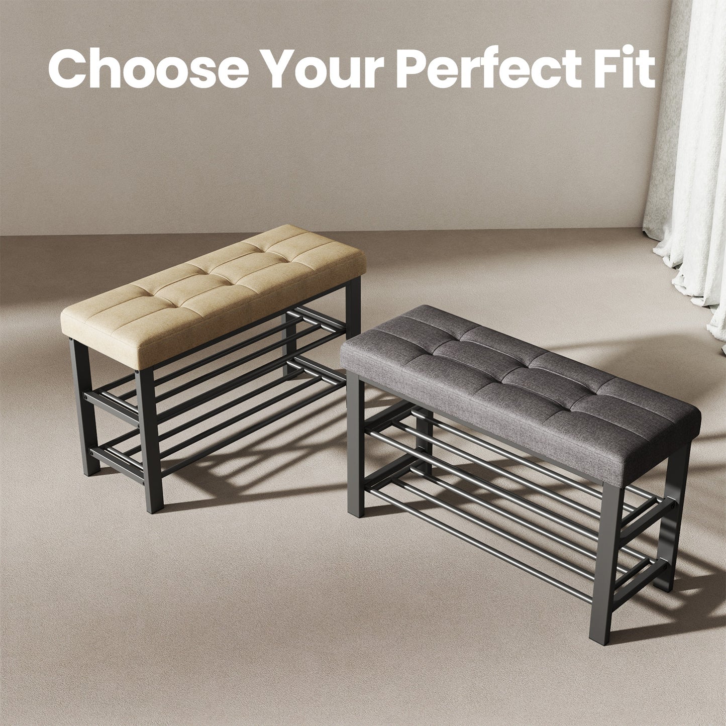 2-Tier Storage Bench with Cushioned Seat, 300lb Capacity Shoe Organizer, Space-Saving Entryway Solution for 8 Pairs, Camel Brown and Ink Black