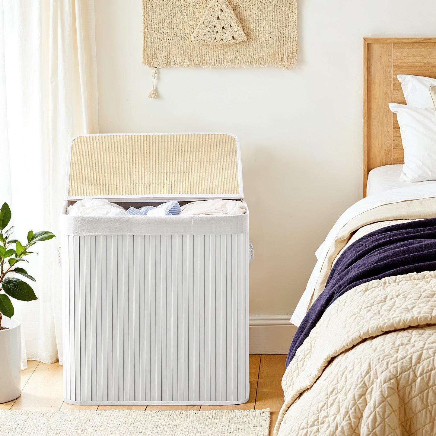 Laundry Hamper 3-Section, 39.6 Gallons Bamboo Laundry Basket with Lid, Foldable Removable Washable Liner, for Bedroom Laundry Room, White