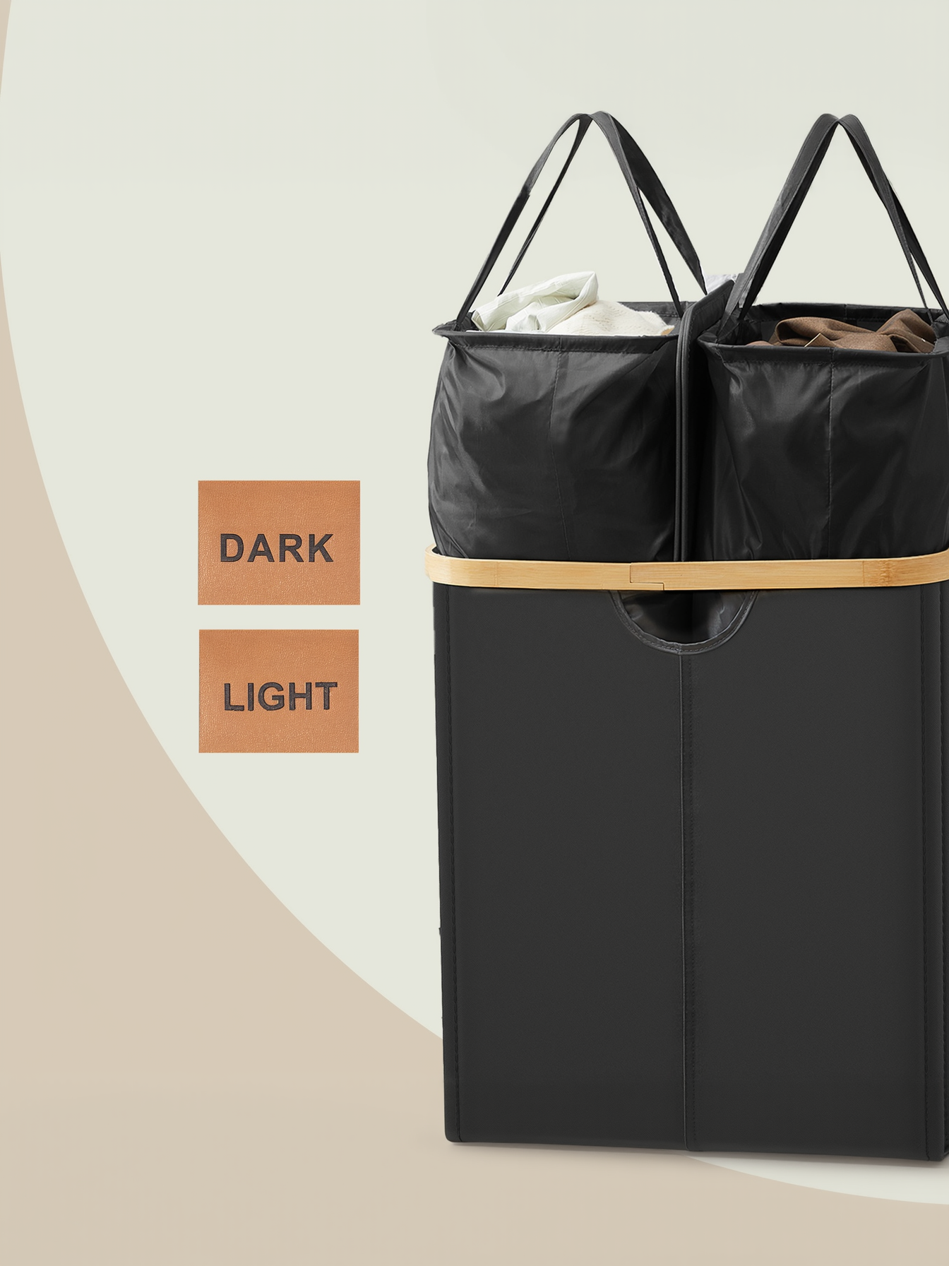 39 Gallon Dual Compartment Laundry Hamper with Removable Liners, 2 Lid Laundry Basket for Bedroom and Living Room, Ink Black and Light Bamboo
