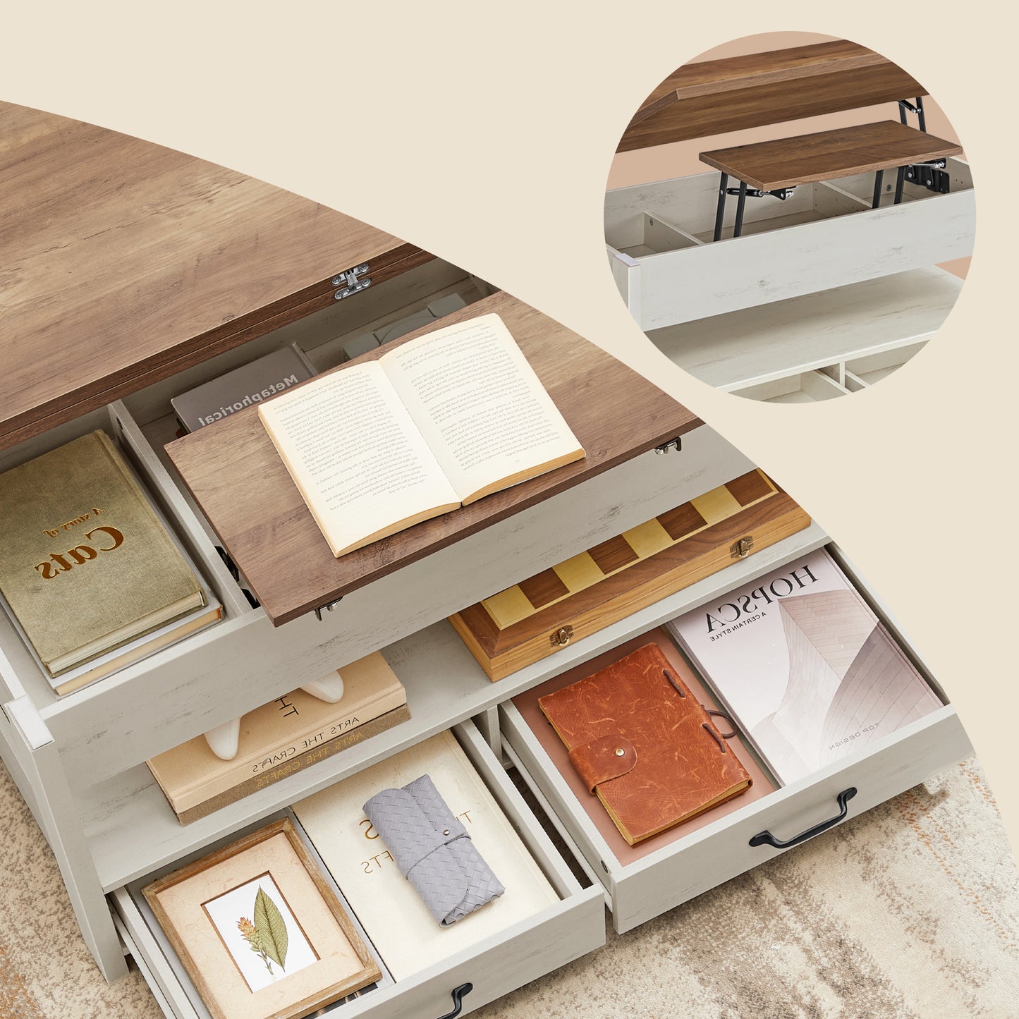 Lift Top Coffee Table with Storage, 3-in-1 Center Table with 2 Drawers and Gas Spring, for Living Room and Home Office, Honey Brown and Rustic White