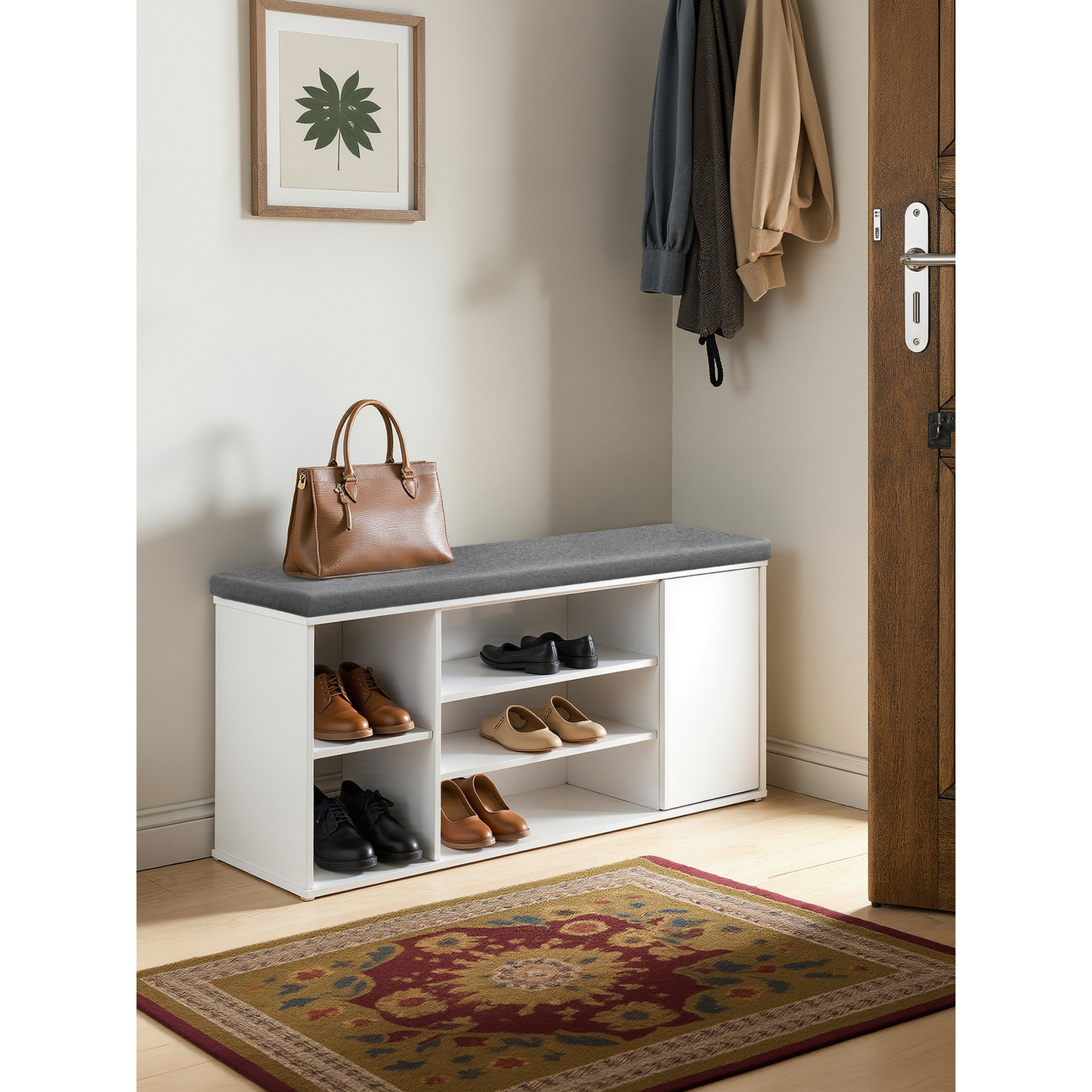 LEDREM Shoe Storage Bench, Tool-free installation, Entryway Bench With Storage Cabinets & Padded Seat Cushion, For Hallway and Bedroom