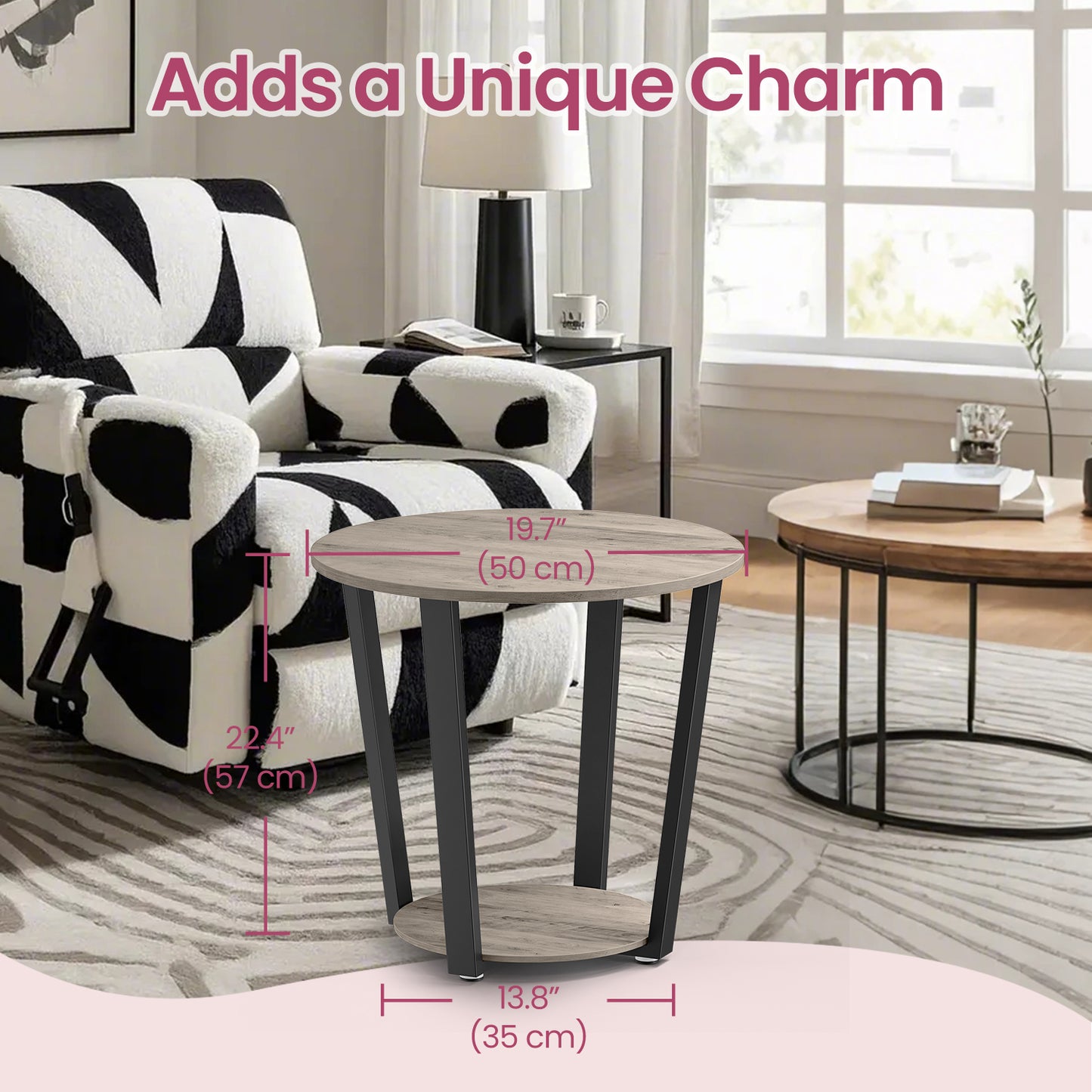 2-Tier Round Side Table, Industrial Accent Table with Storage Shelf, Easy Assembly Nightstand for Small Spaces, Heather Greige & Ink Black
