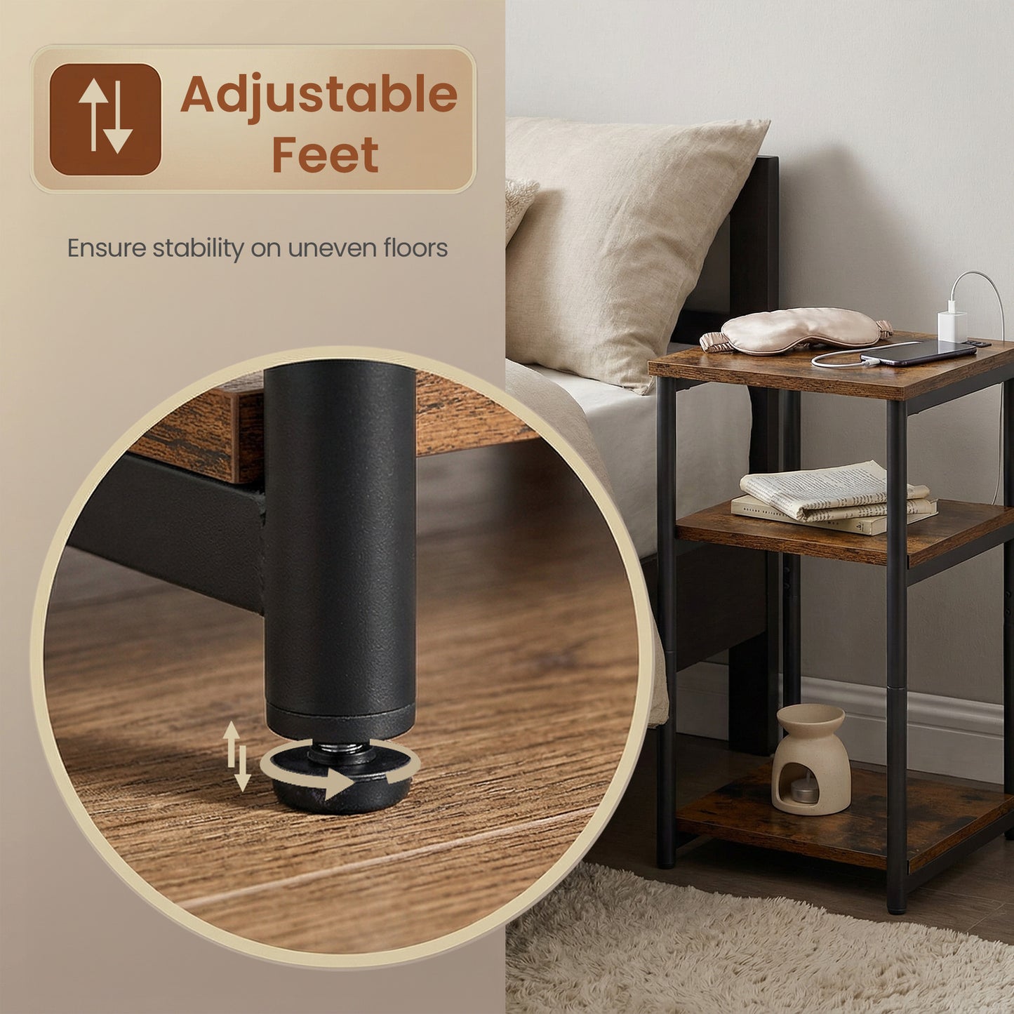 Small End Table with 3-Tier Open Storage, Industrial Tall Nightstand for Living Room, Bedroom, Office, Rustic Brown and Classic Black