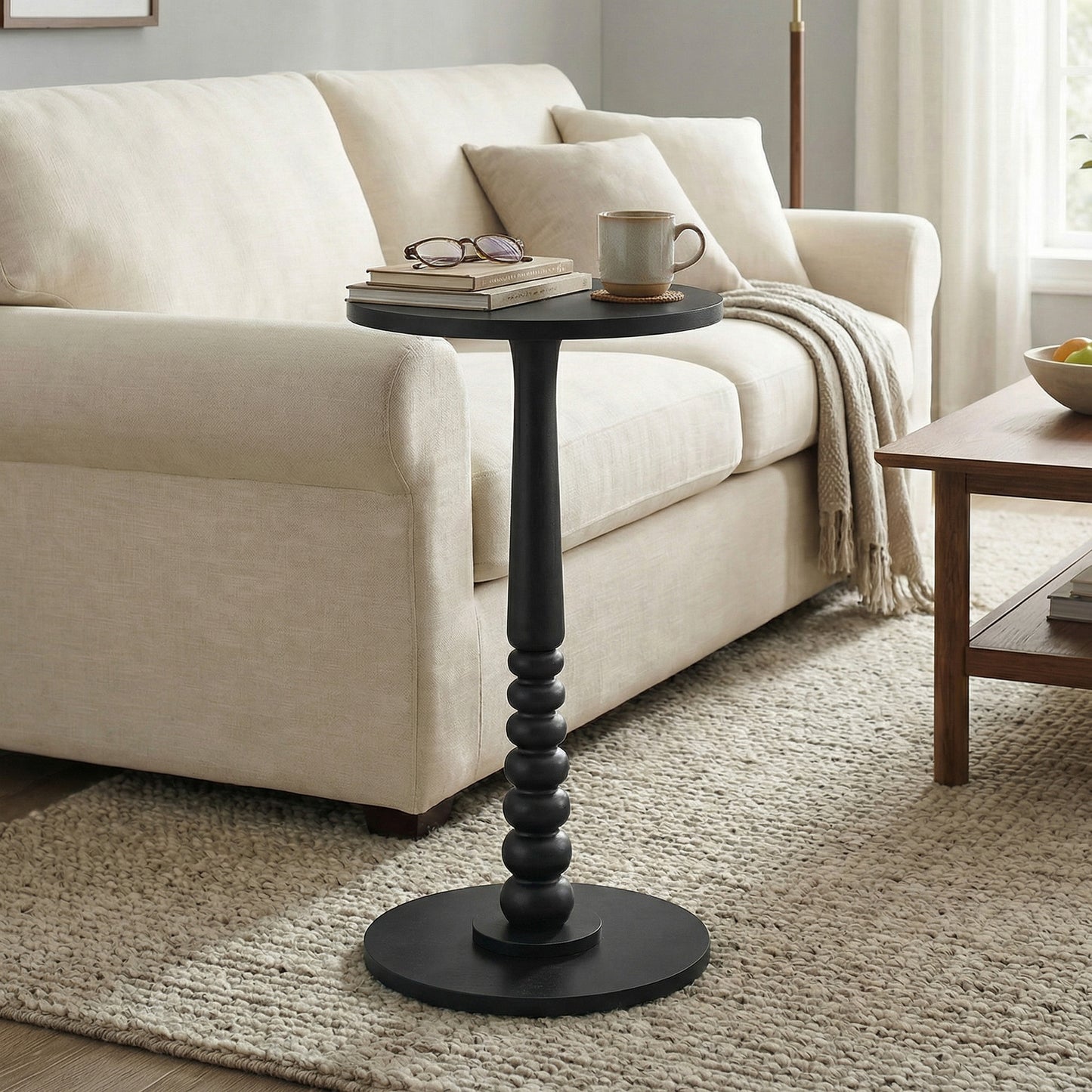 Round Side Table with Solid Wood Leg, Mid-Century Modern Accent Nightstand for Living Room, Bedroom, 11.8 x 21.7 Inches, Ink Black