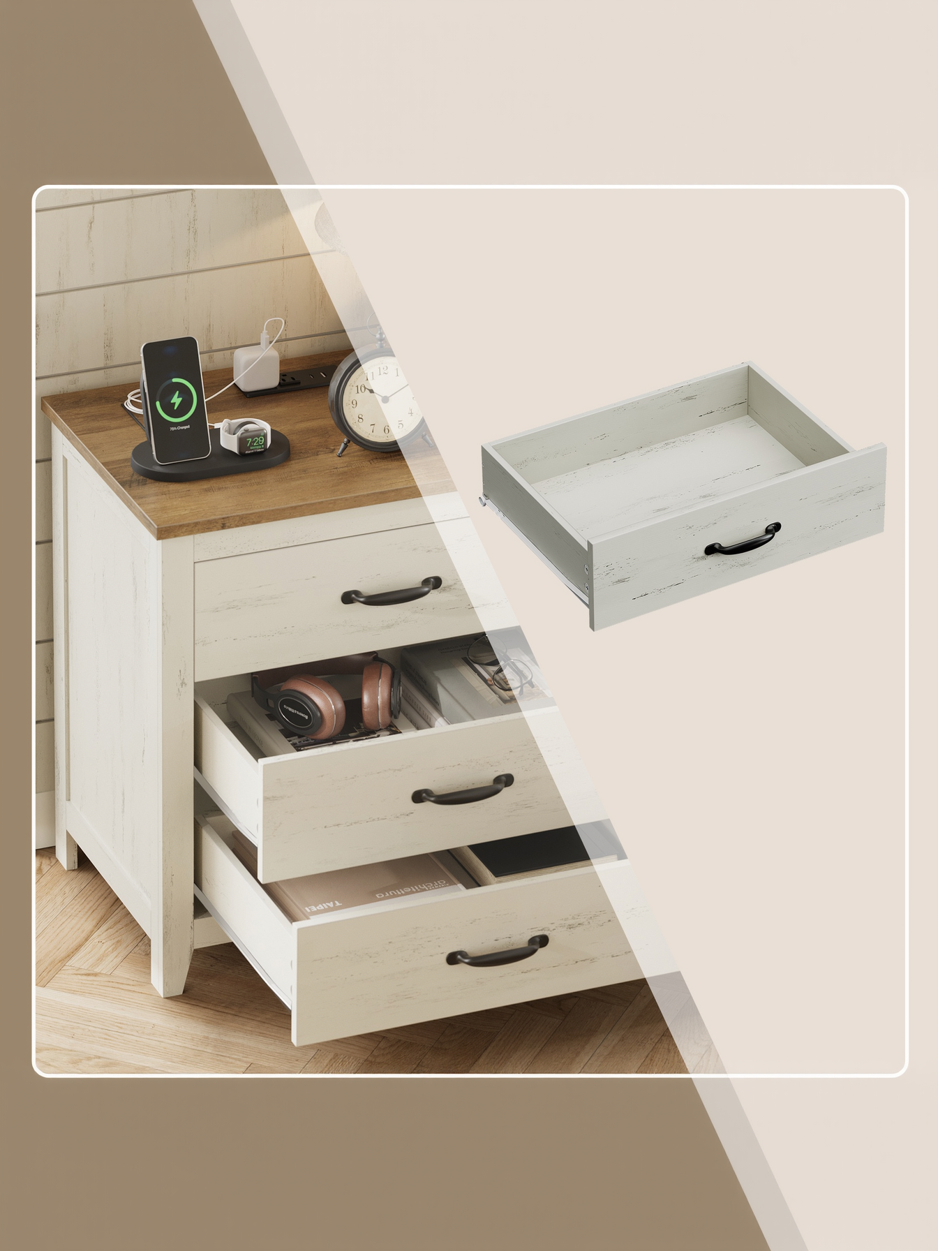 Farmhouse Nightstand with Charging Station, 3-Drawer Bedside Table with USB Ports for Bedroom, Rustic White and Honey Brown