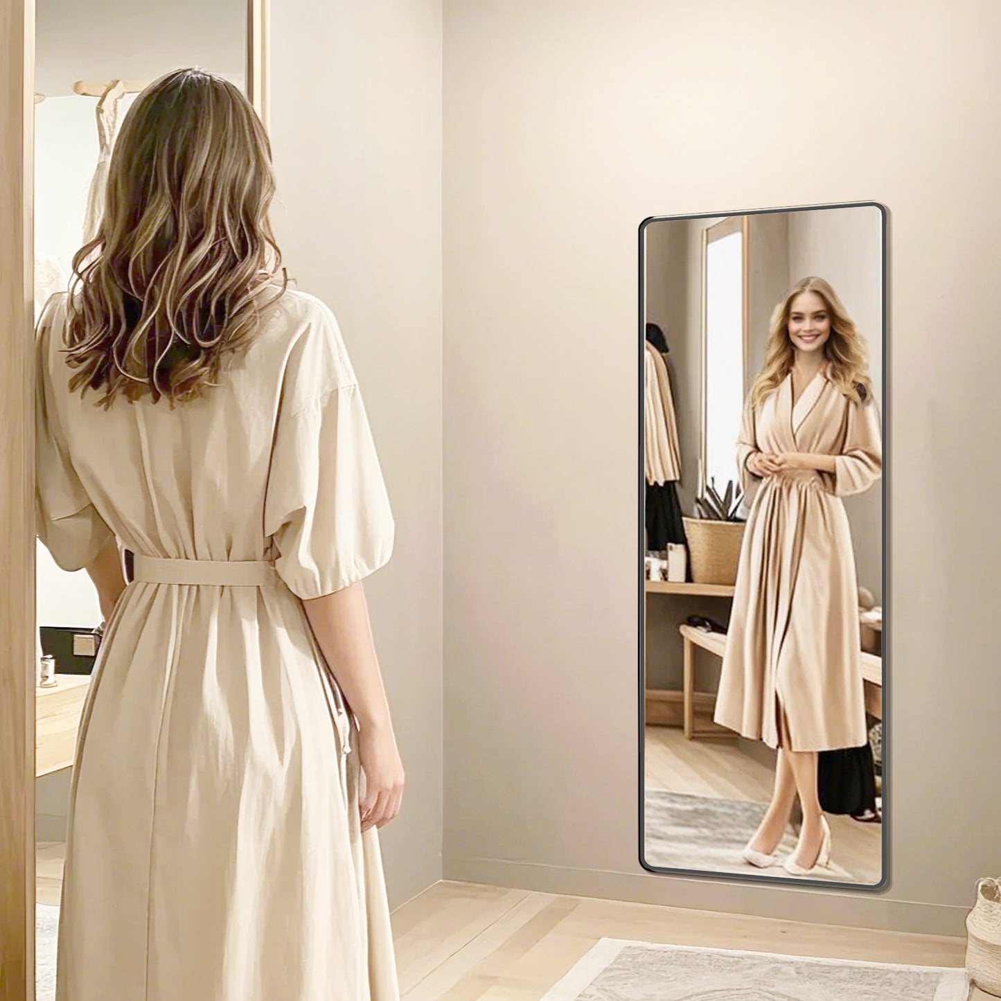 63x20 Inch Full Length Mirror, Aluminum Alloy Floor Mirror with Stand, Tempered Glass Freestanding/Wall Mounted, Ink Black