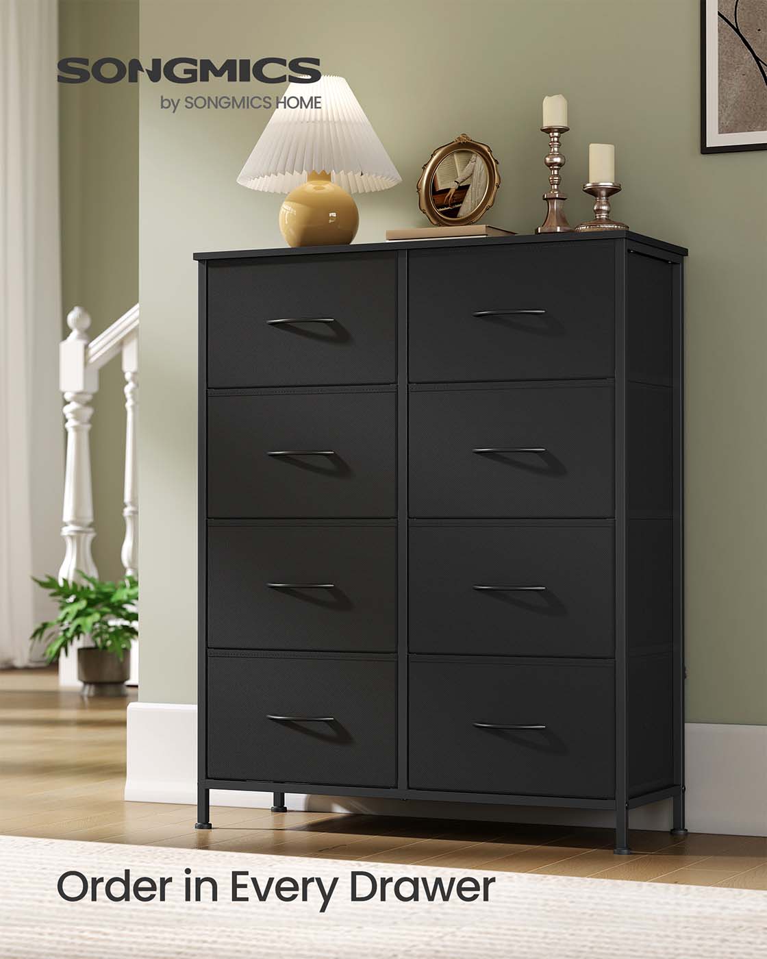 Fabric Drawer Dresser Tower with 8 Drawers, Steel Frame & MDF Top, Freestanding Storage for Bedroom Closet Entryway, Chest Type, Ink Black and Ebony Black