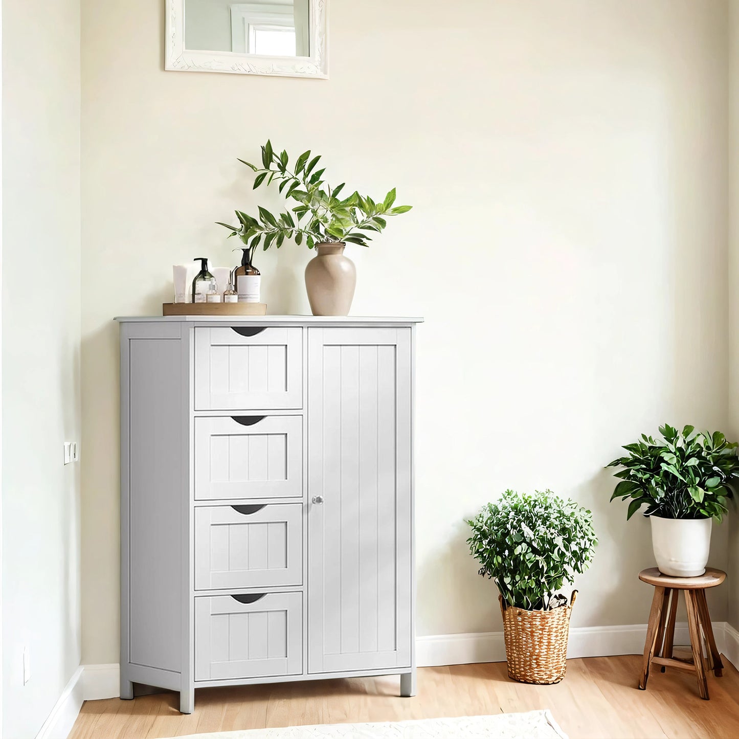 LEDREM Freestanding Storage Cabinet with Drawers and Door, Slim Floor Organizer with Adjustable Shelf, Space-Saving Design for Bathroom Kitchen Living Room, Cloud White