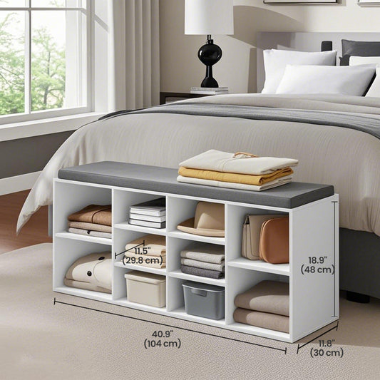 10-Compartment Shoe Bench, Storage Organizer with Removable Cushion, No-Tool Assembly Entryway Seat,Cloud White and Dove Gray