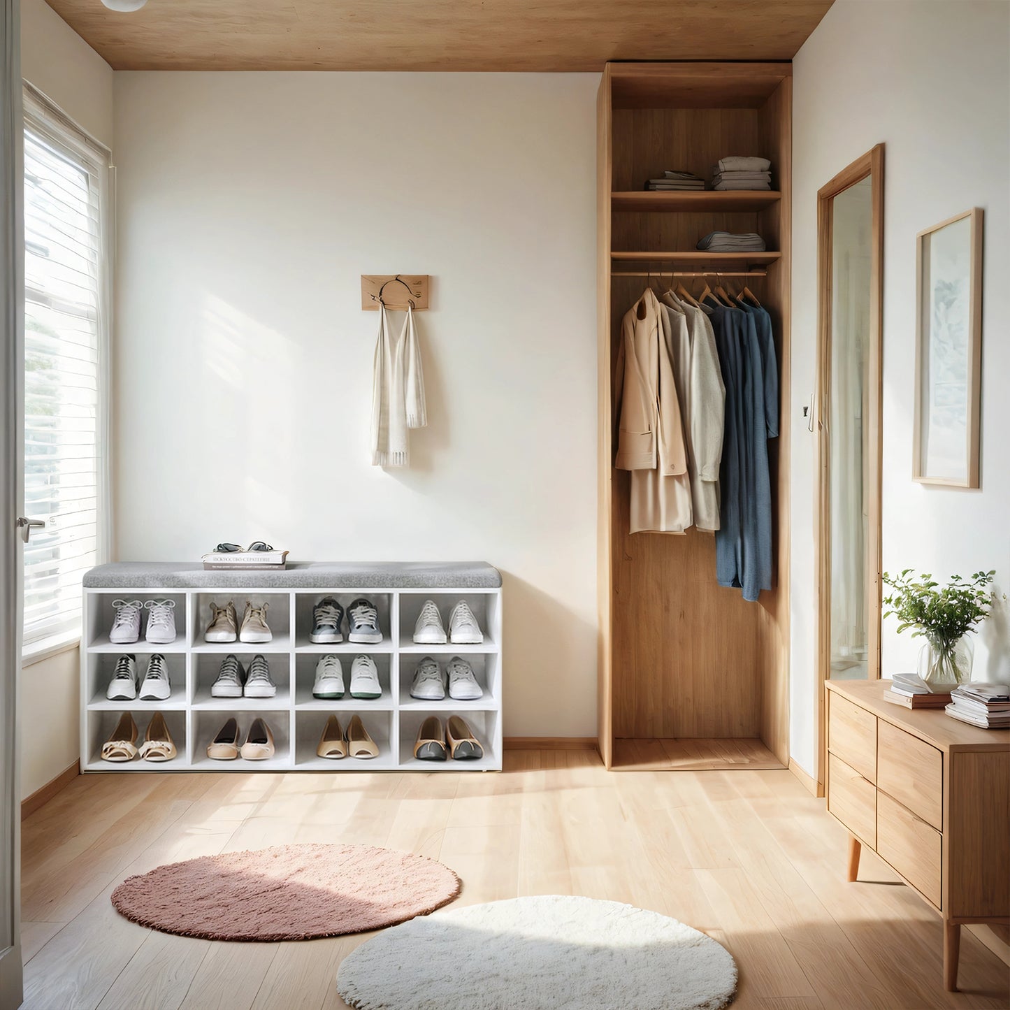12-Compartment Storage Bench with Padded Seat for Entryway, Hallway & Bedroom, Easy Assembly, Cloud White and Slate Gray