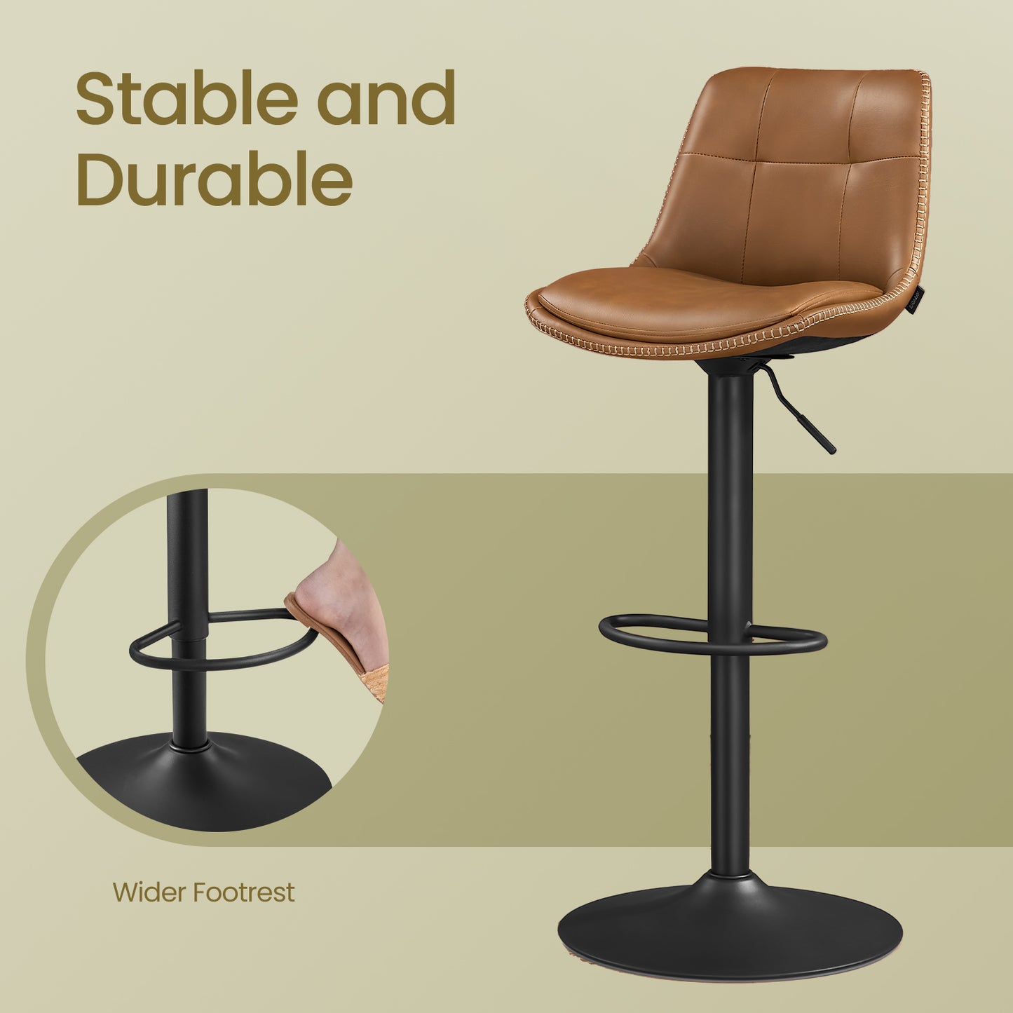 LEDREM Swivel Bar Stools Set of 2, Adjustable Height Counter Stools with Quilted Back, Synthetic Leather Seats, Footrest, Steel Frame, Kitchen & Dining Use, Caramel Brown