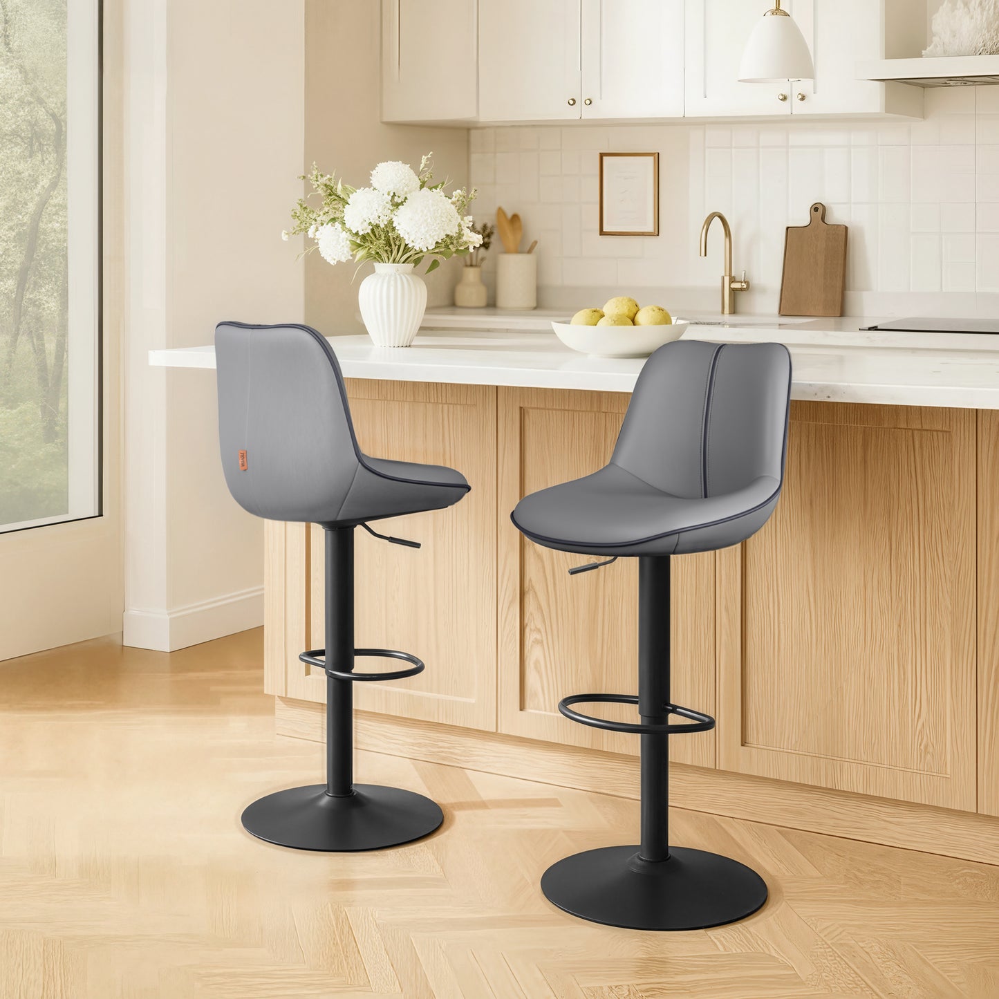 LEDREM Bar Stools Set of 2, Adjustable Height Swivel Counter Stools with Ergonomic Backrest and Wide Footrest, Synthetic Leather Bar Chairs for Kitchen Island, Slate Gray