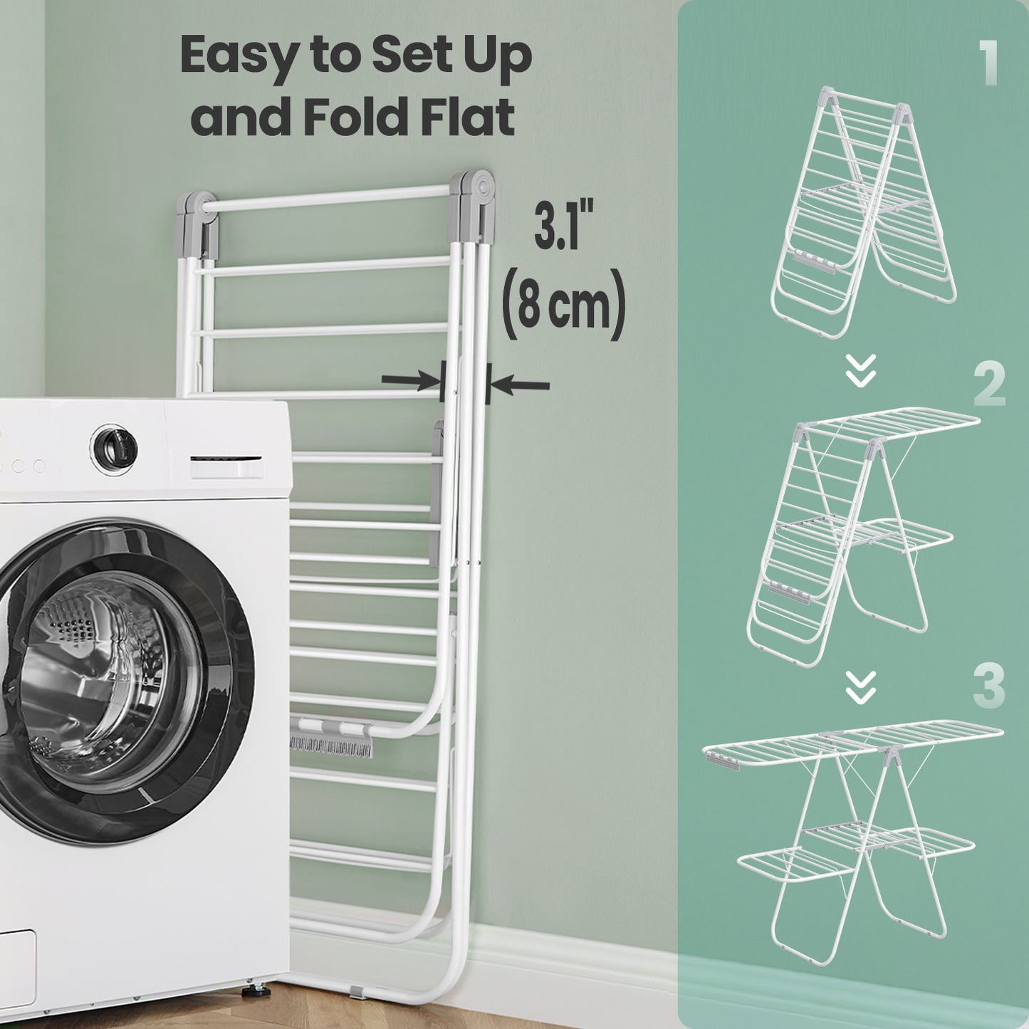 Clothes Drying Rack, Foldable 2-Level Airer with 4 Adjustable Wings, 33 Rails, 27 Sock Clips, Free-Standing Laundry Dryer for Indoor/Outdoor Use, White and Gray