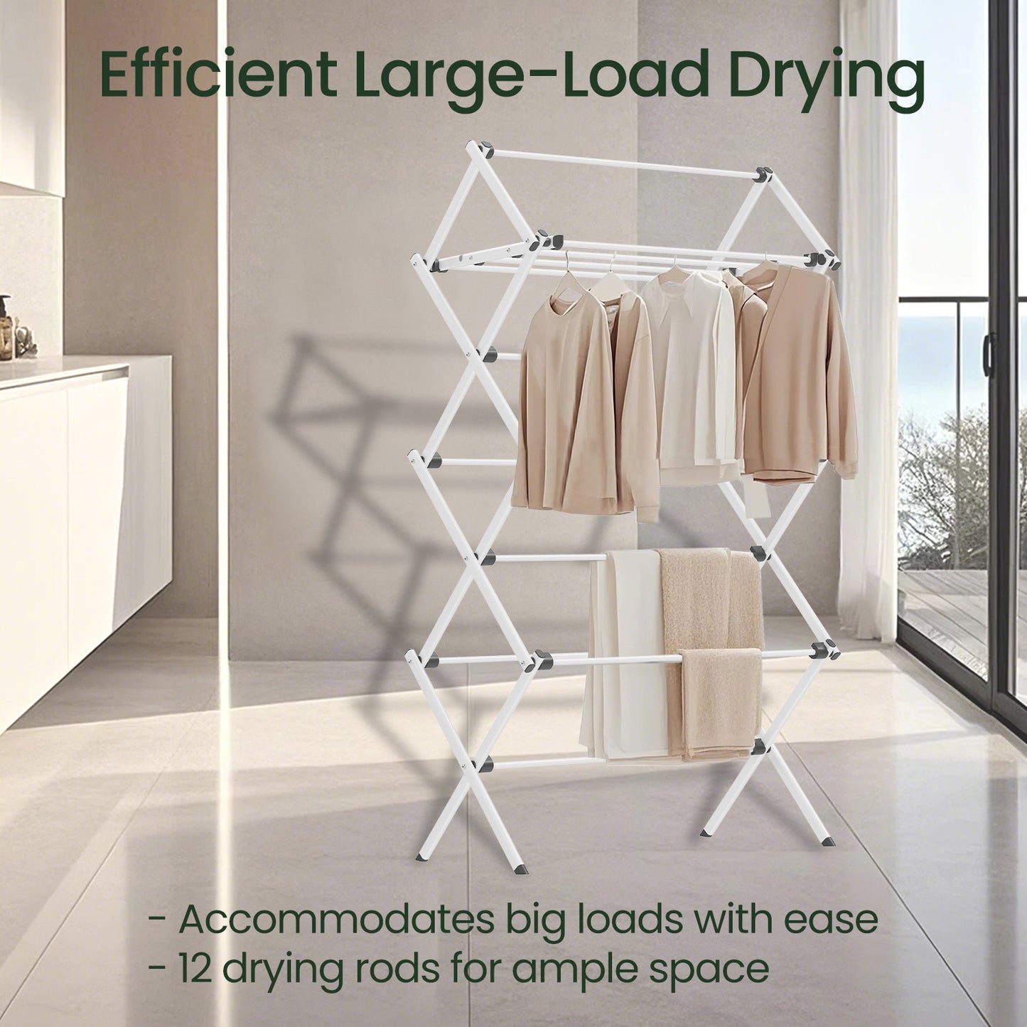 Foldable Steel Clothes Drying Rack, 12-Rod Laundry Airer for Indoor,Outdoor Use, Space-Saving Design, Easy Assembly & Storage, White