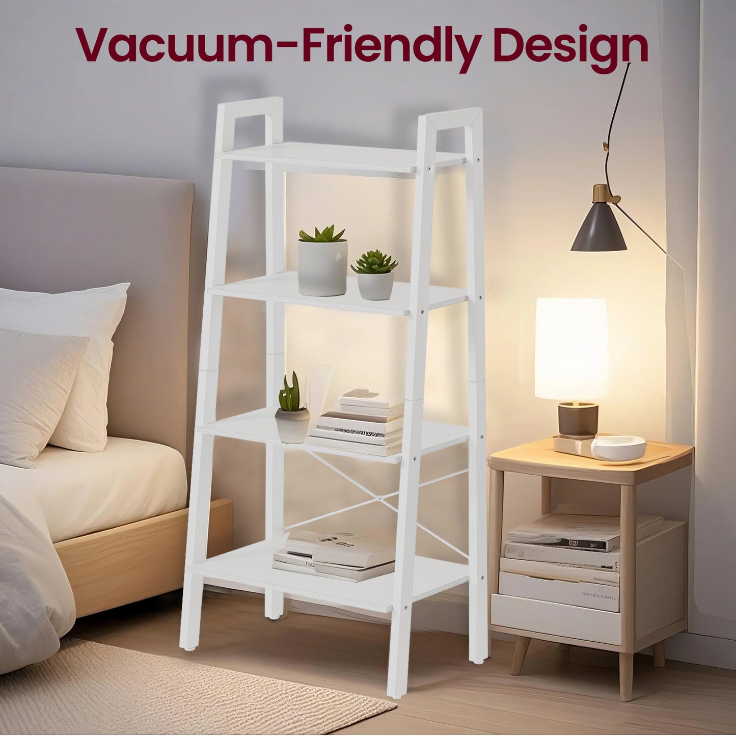 4-Tier Ladder Shelf with Steel Frame, 13.6"D x 22"W Storage Rack for Living Room, Home Office & Kitchen, Industrial Style, Maple White and Pearl White