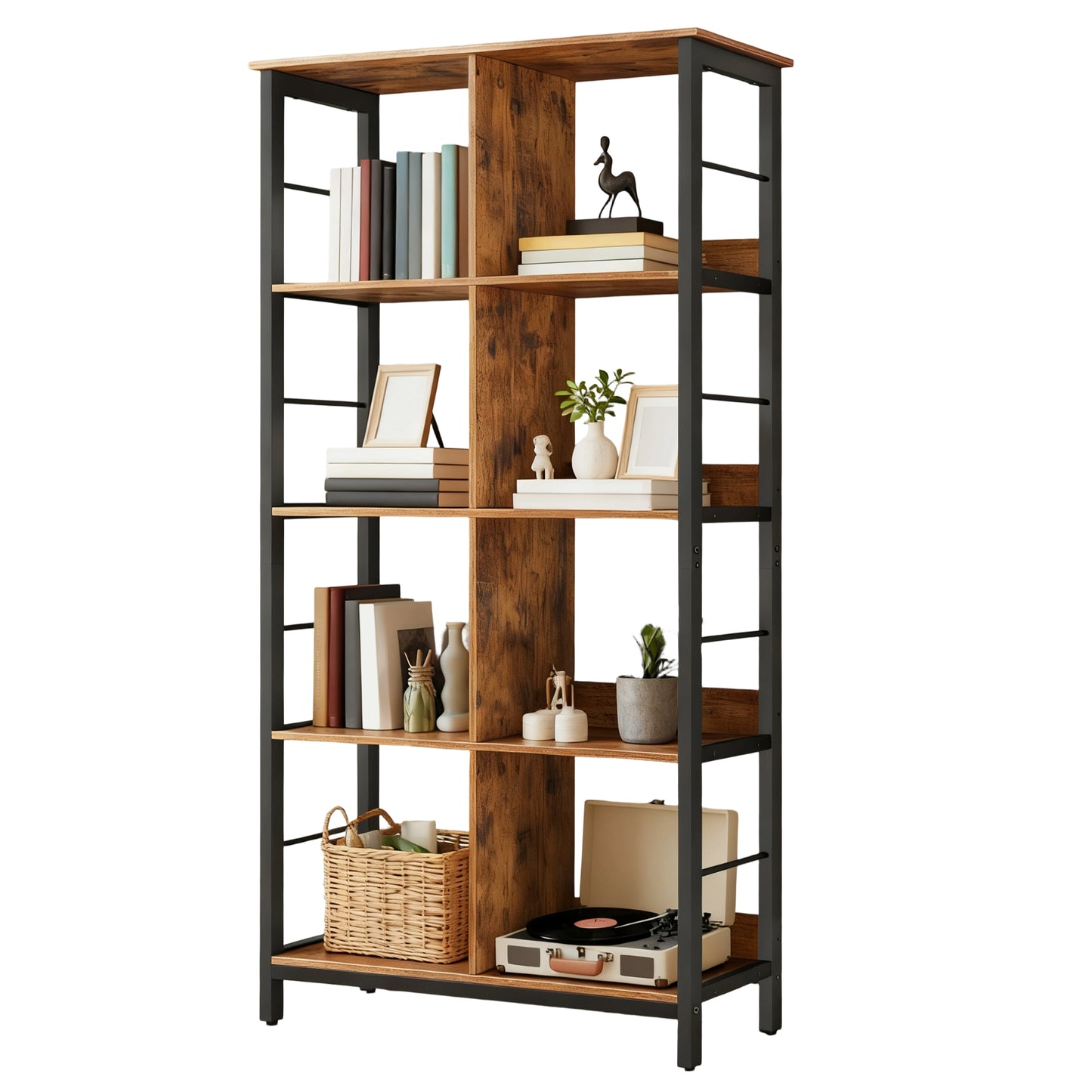 Industrial 4-Tier Bookshelf with 8 Open Compartments, 110 lb Capacity, Adjustable Feet and Steel Frame, Rustic Brown and Black
