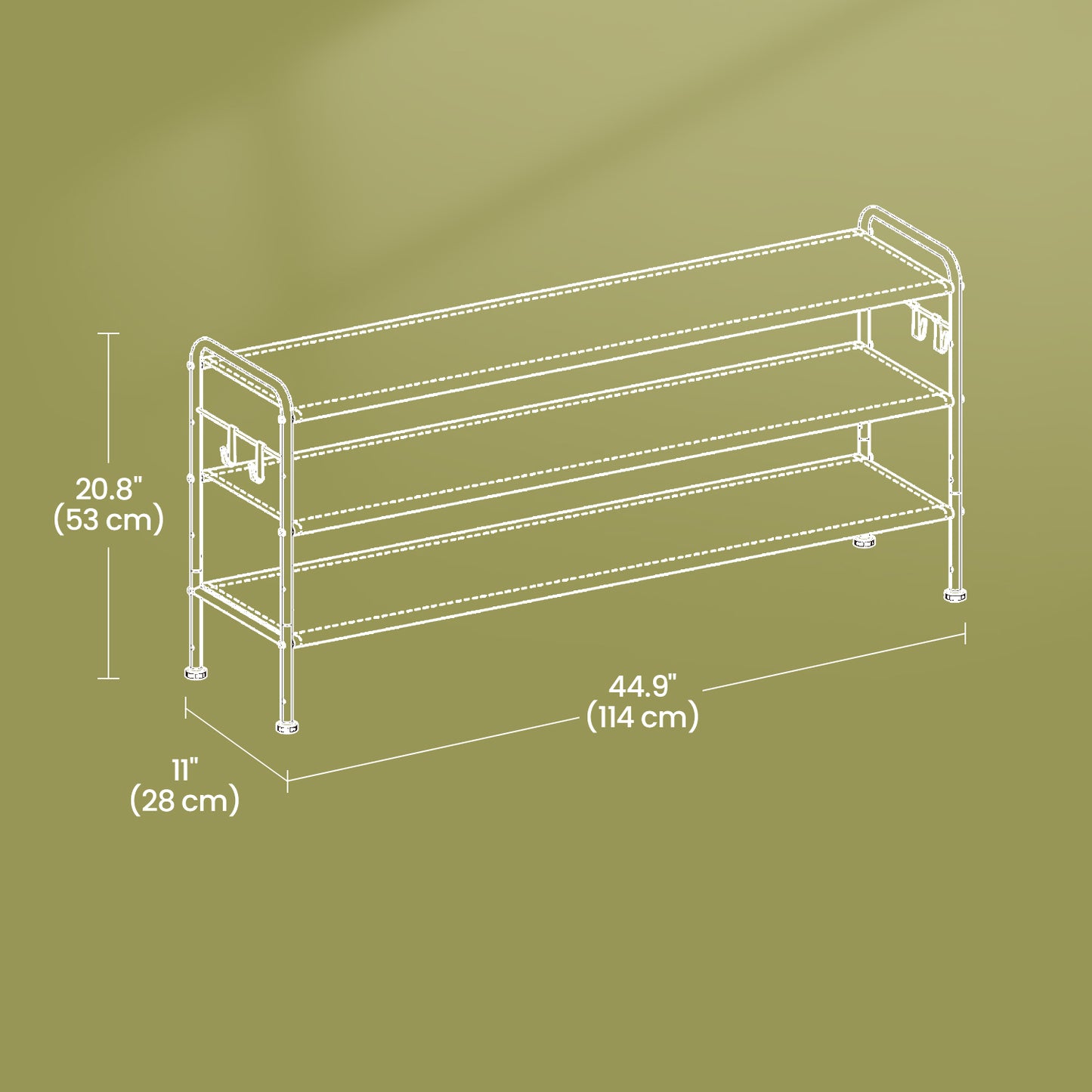 3-Tier Adjustable Shoe Rack Organizer with 4 Hooks, Holds 18 Pairs of Shoes, Fabric Storage Shelf for Entryway, Hallway, Closet, Dove Gray