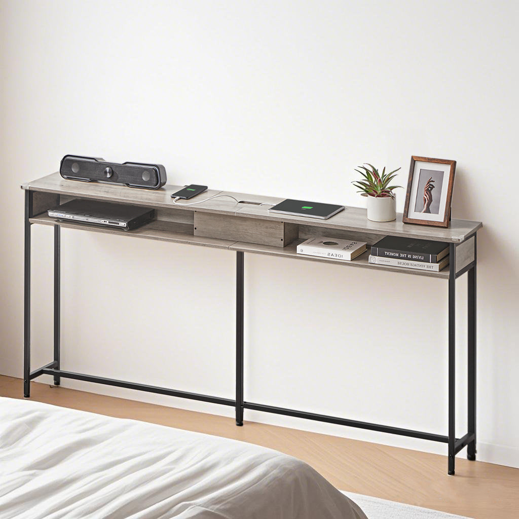 70.9-Inch Slim Console Table with Charging Station, 2 AC Outlets & 2 USB Ports, Behind Couch Table for Entryway & Living Room, Heather Greige and Black