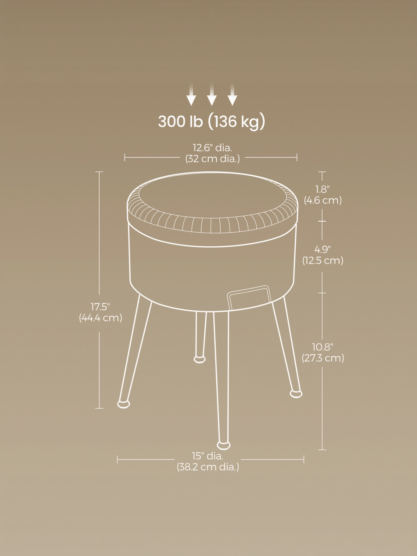 Storage Ottoman Vanity Chair, Mid-Century Modern Round Stool with Steel Legs and 330 lb Capacity, Ink Black