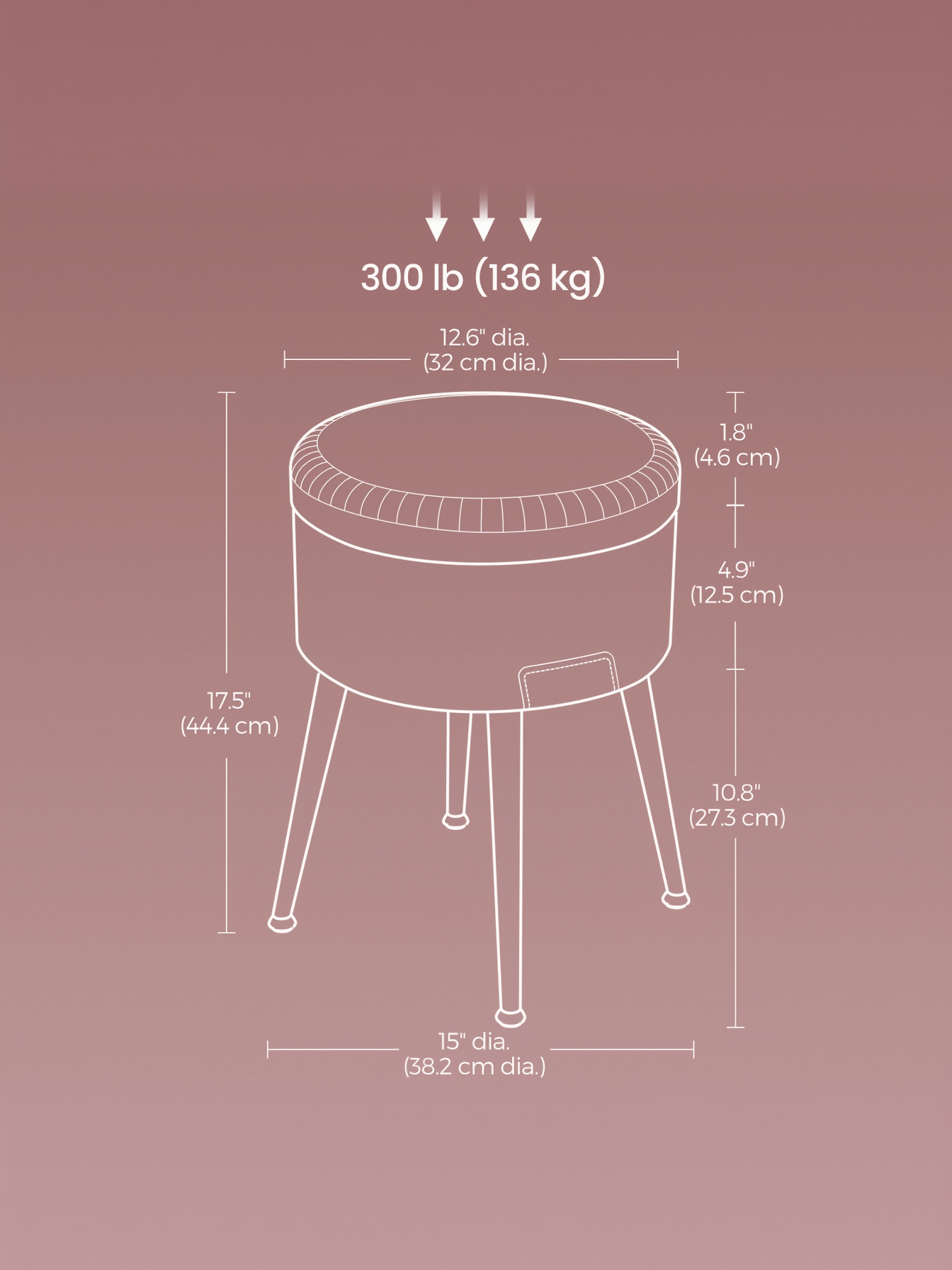 Storage Ottoman Vanity Chair, Mid-Century Modern Round Stool with Steel Legs and 330 lb Capacity, Caramel Brown