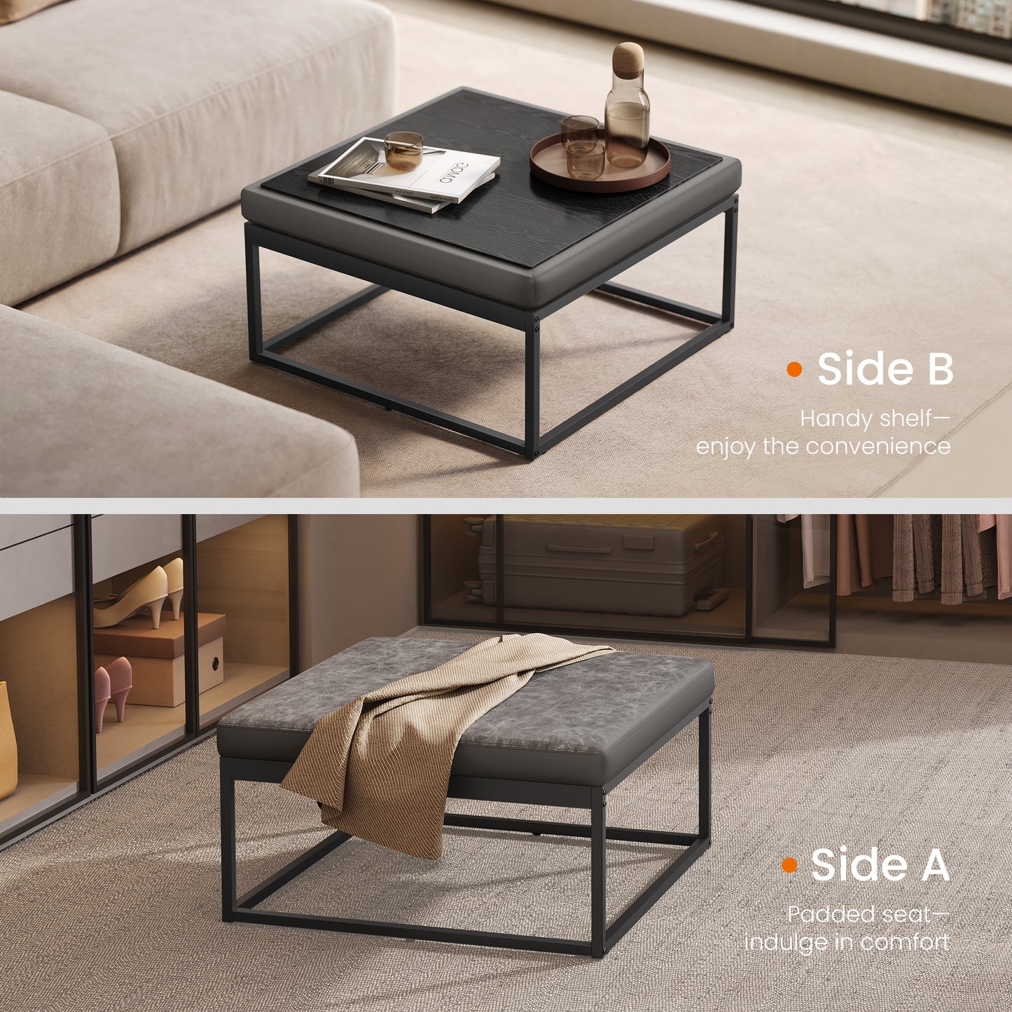 Reversible-Top Ottoman with Steel Frame and Adjustable Feet, Supports 660 lb, Multifunctional Square Coffee Table or Footstoo, Dove Gray