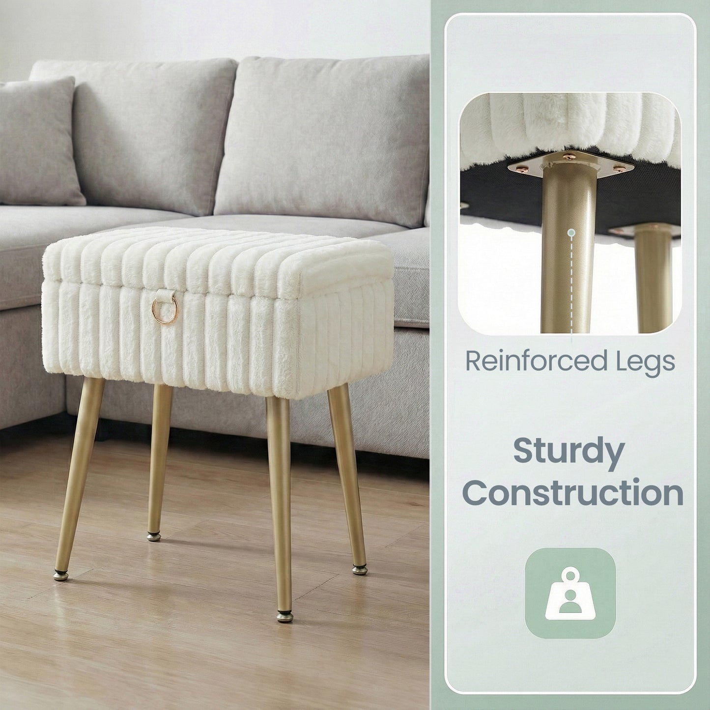 Vanity Stool with Storage and Removable Dividers, Makeup Stool and Footrest with Adjustable Feet for Bedroom and Living Room, Cream White