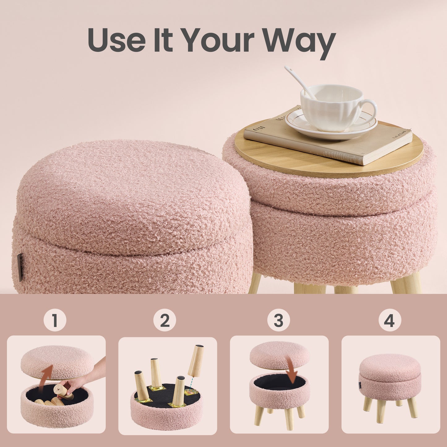 Round Storage Ottoman with Teddy Fleece Seat, 31 cm Foot Stool and Small Table for Living Room and Hallway, Jelly Pink