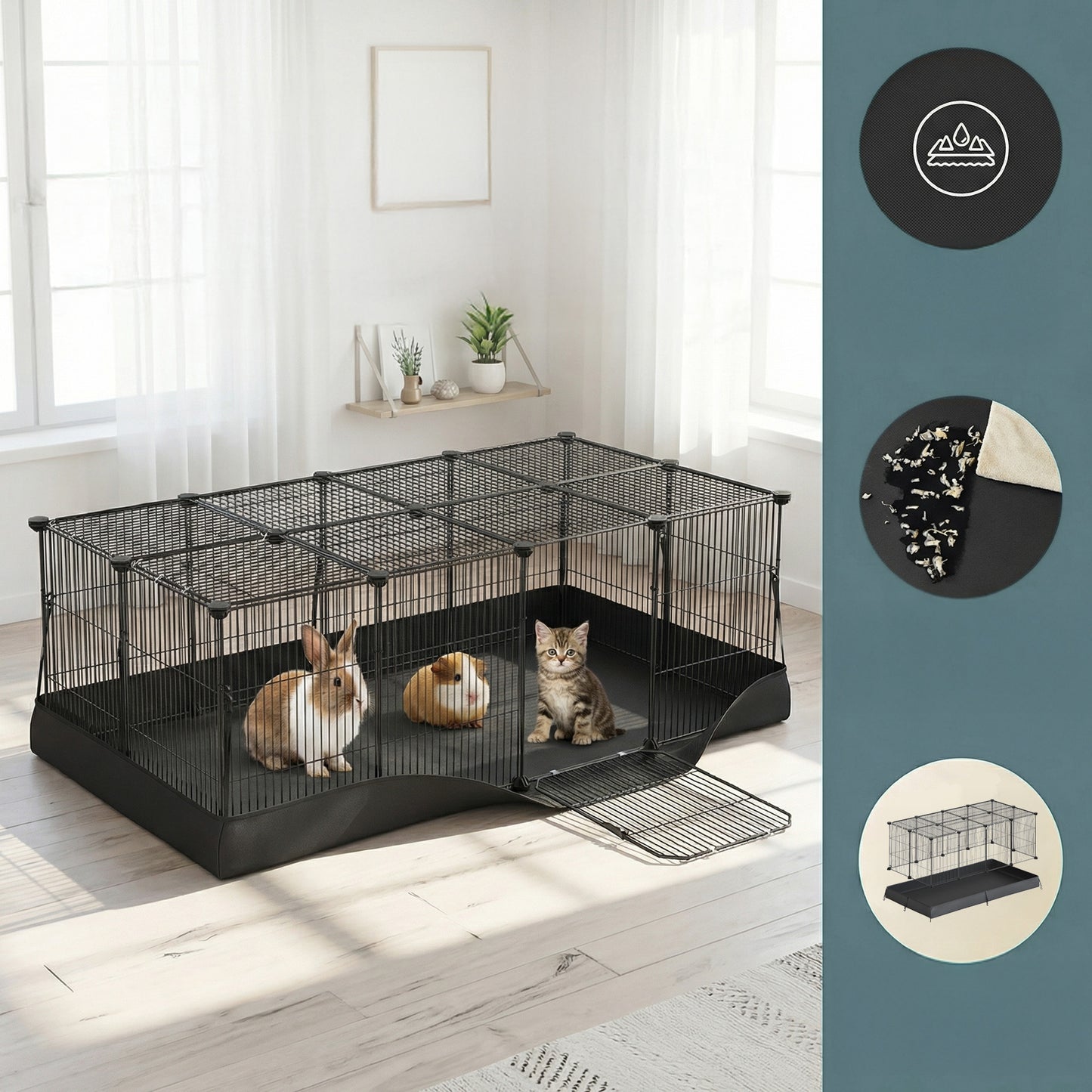 Small Animal Playpen Cage with Waterproof Mat, 48.4 x 24.8 Inch Guinea Pig and Rabbit Cage with Top and Side Door, 20 Panels, Ink Black