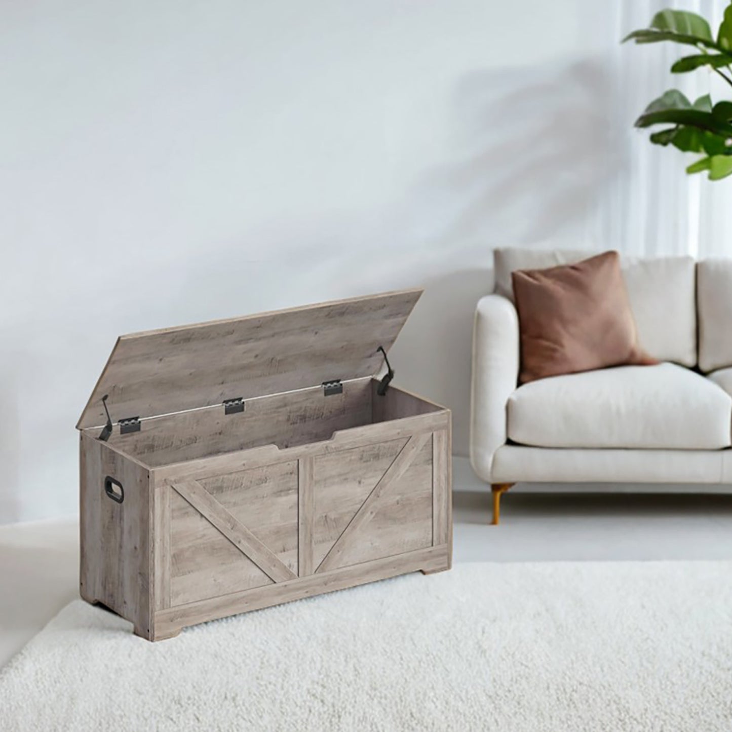 Farmhouse Storage Bench with 2 Safety Hinges, 39.4" Wide Storage Trunk for Entryway, Bedroom, and Living Room,Heather Greige