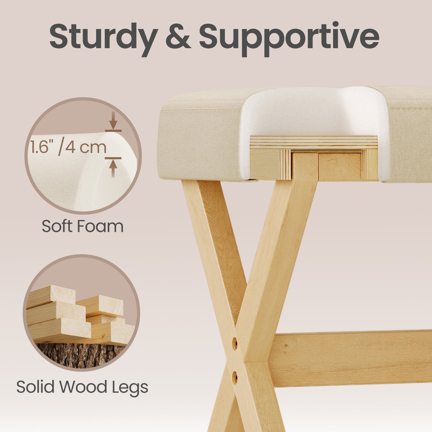 Makeup Stool with Solid Wood X-Legs, Padded Vanity Stool, Footrest for Bedroom, Entryway, 16.5 x 18.1 x 12.6 Inches, Summer Sand and Natural Beige